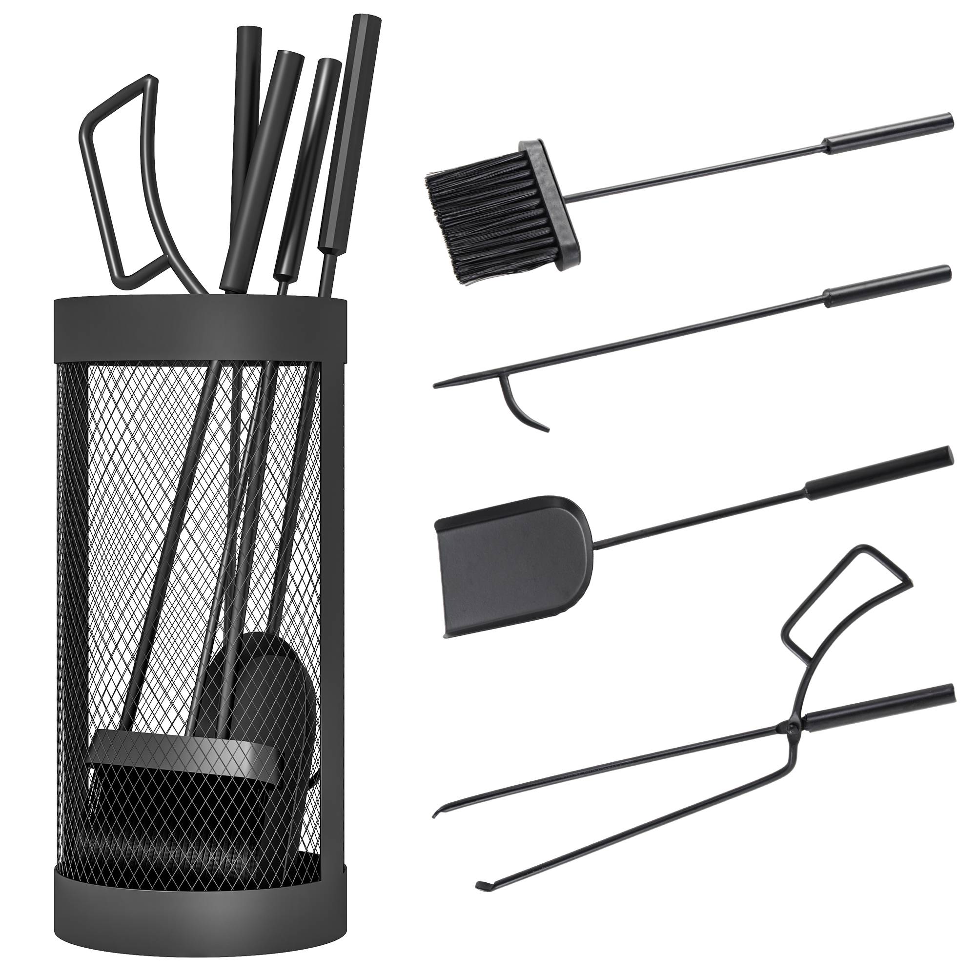 ComfortXL - Serviteur de cheminée 5 pièces en métal noir avec seau grillagé Ø 16 cm pour nettoyage et rangement du foyer - Image 2