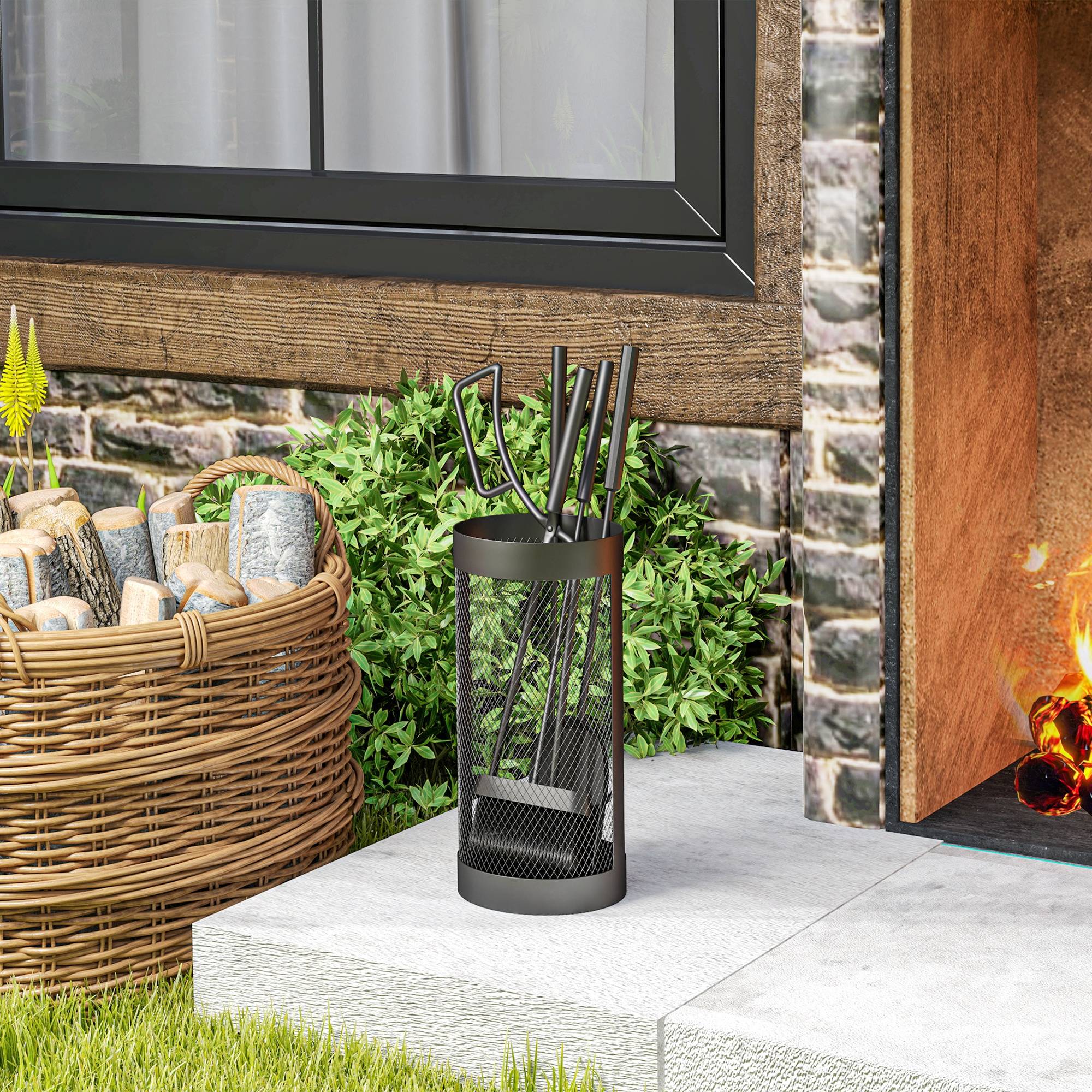 ComfortXL - Serviteur de cheminée 5 pièces en métal noir avec seau grillagé Ø 16 cm pour nettoyage et rangement du foyer - Image 8