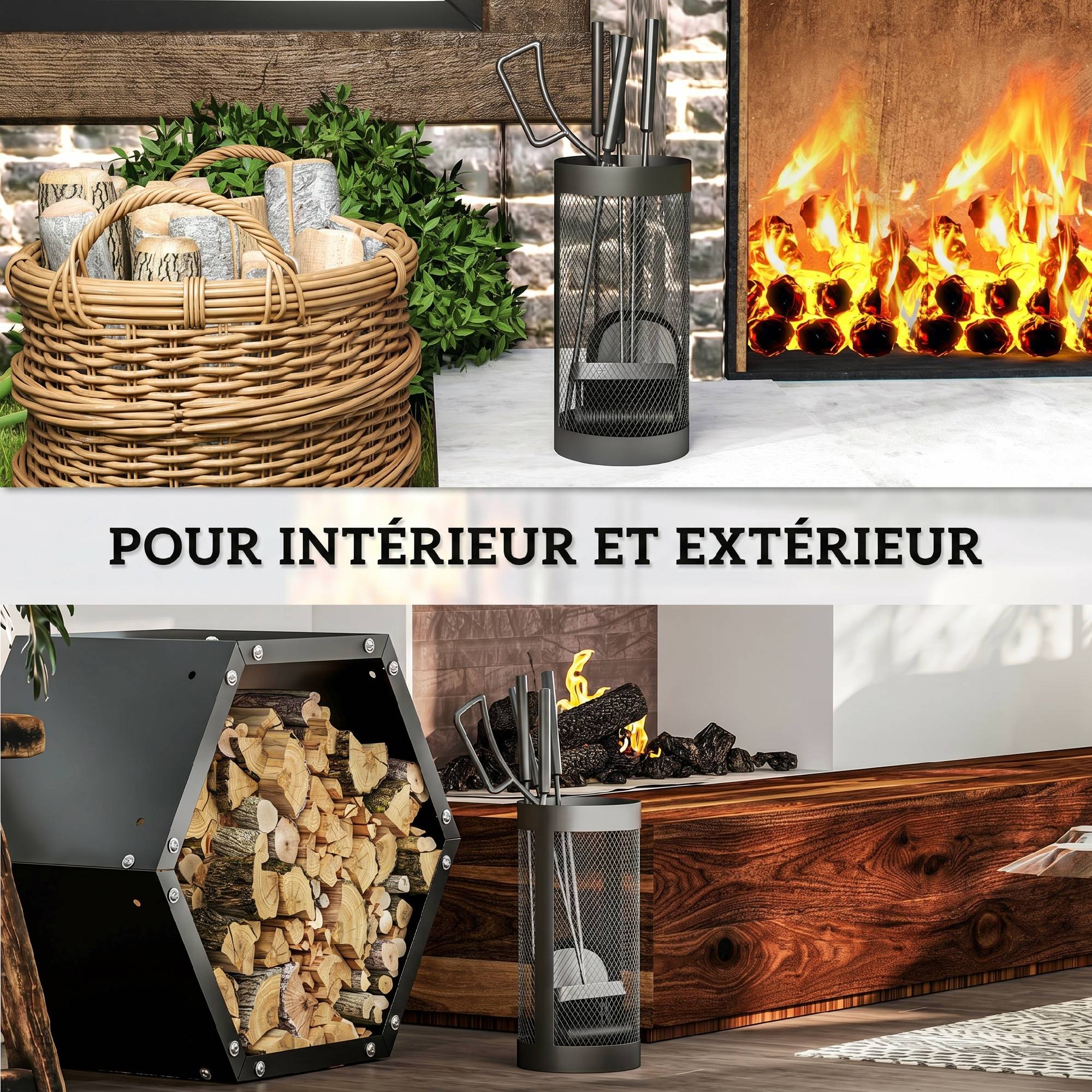 ComfortXL - Serviteur de cheminée 5 pièces en métal noir avec seau grillagé Ø 16 cm pour nettoyage et rangement du foyer - Image 6
