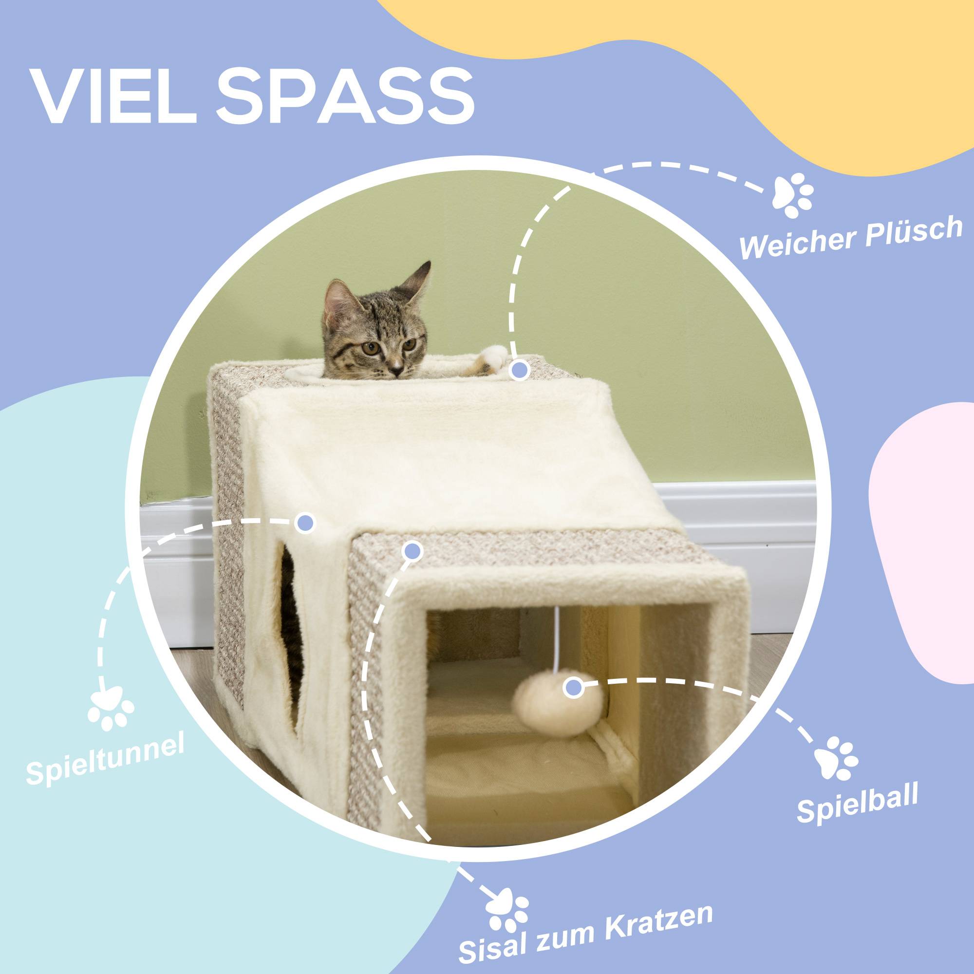 Sans Marque - Tunnel pour chat, 2 niches, griffoirs et balles, 98 cm x 30 cm x 30 cm, marron et beige - Image 7