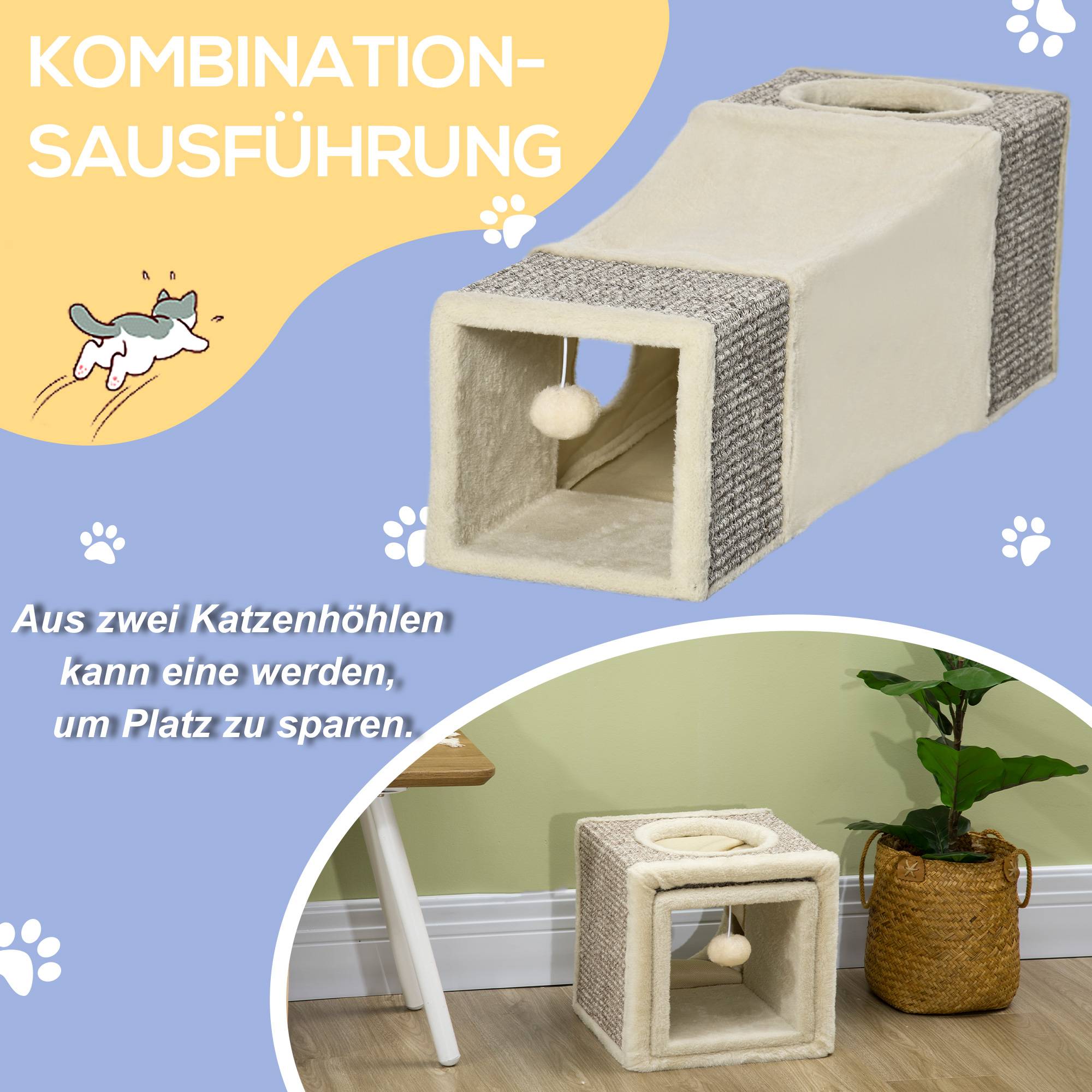 Sans Marque - Tunnel pour chat, 2 niches, griffoirs et balles, 98 cm x 30 cm x 30 cm, marron et beige - Image 6