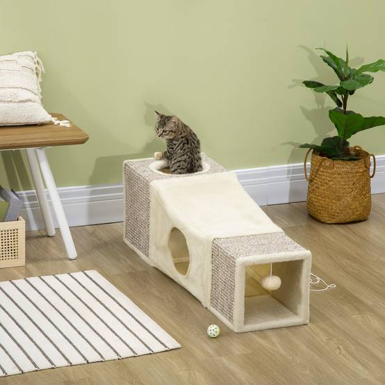Sans Marque - Tunnel pour chat, 2 niches, griffoirs et balles, 98 cm x 30 cm x 30 cm, marron et beige - Image 3