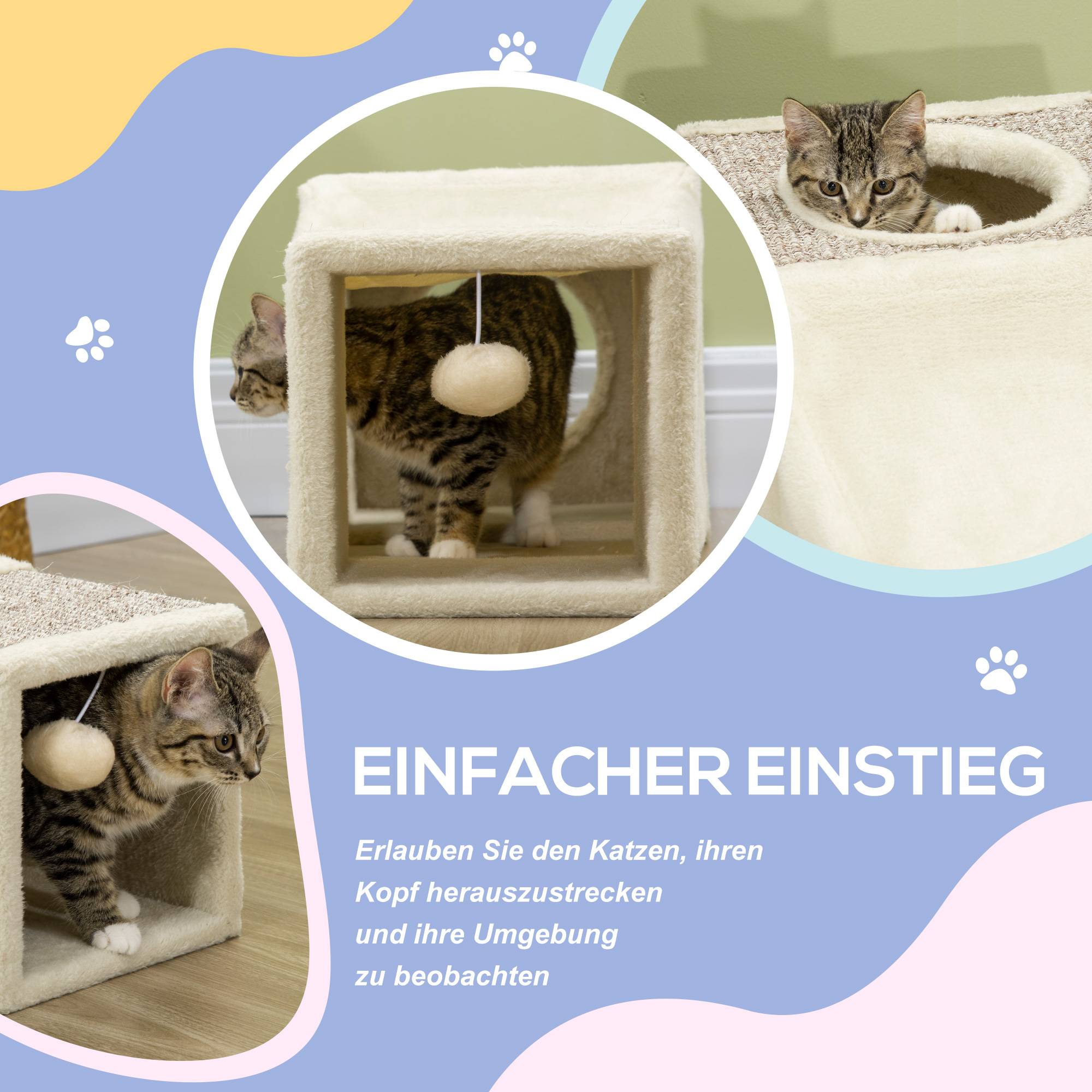 Sans Marque - Tunnel pour chat, 2 niches, griffoirs et balles, 98 cm x 30 cm x 30 cm, marron et beige - Image 8
