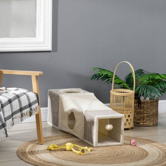 Sans Marque - Tunnel pour chat, 2 niches, griffoirs et balles, 98 cm x 30 cm x 30 cm, marron et beige - Image 4