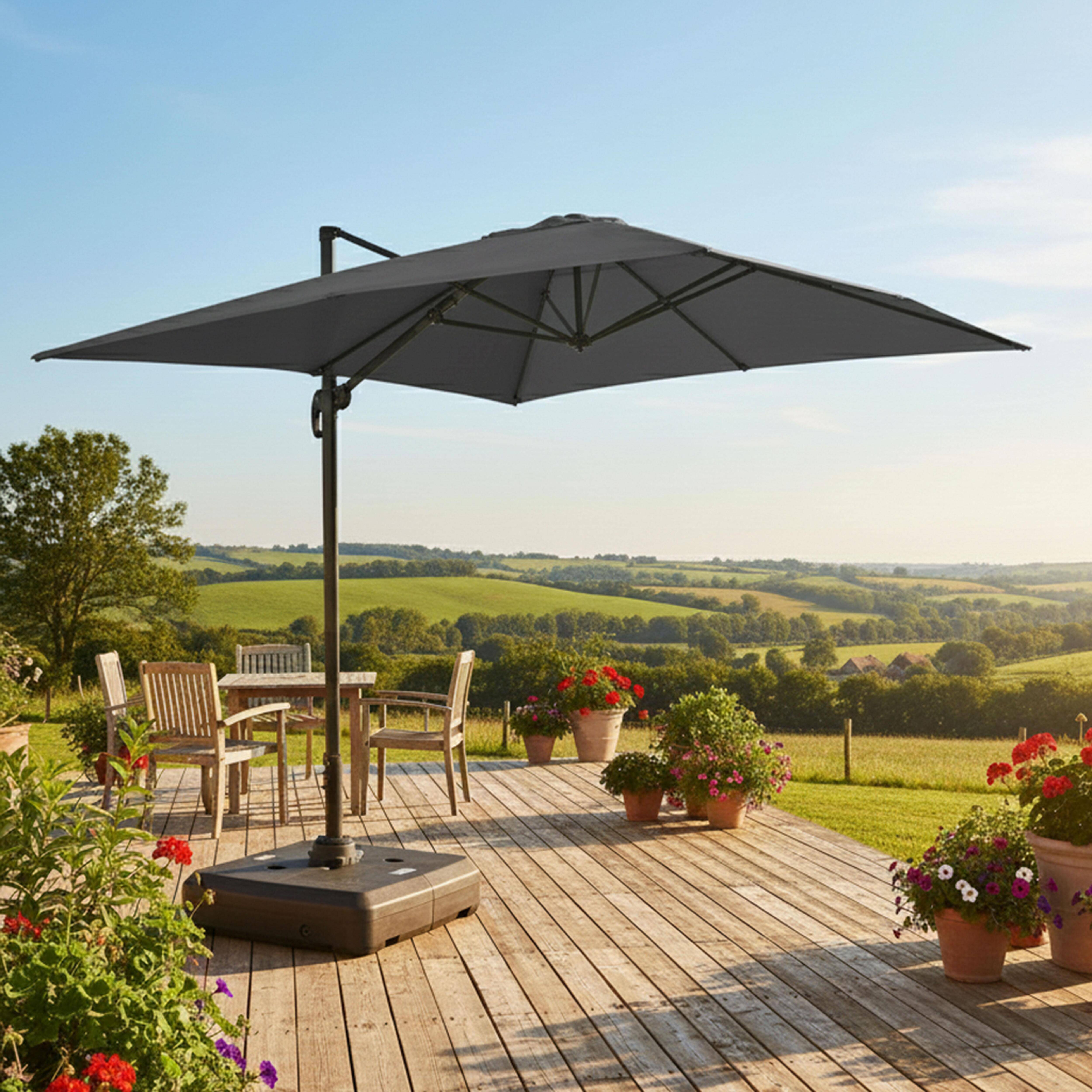 Oviala - Parasol déporté 4x3 m 360° inclinable + à lester sur roues gris Caserta - Oviala - Imagen 2