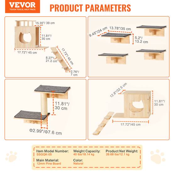 VEVOR Étagères murales pour chat (lot de 9), charge 18.14kg, plateformes, perchoirs, pour escalade/jeu. - Image 7