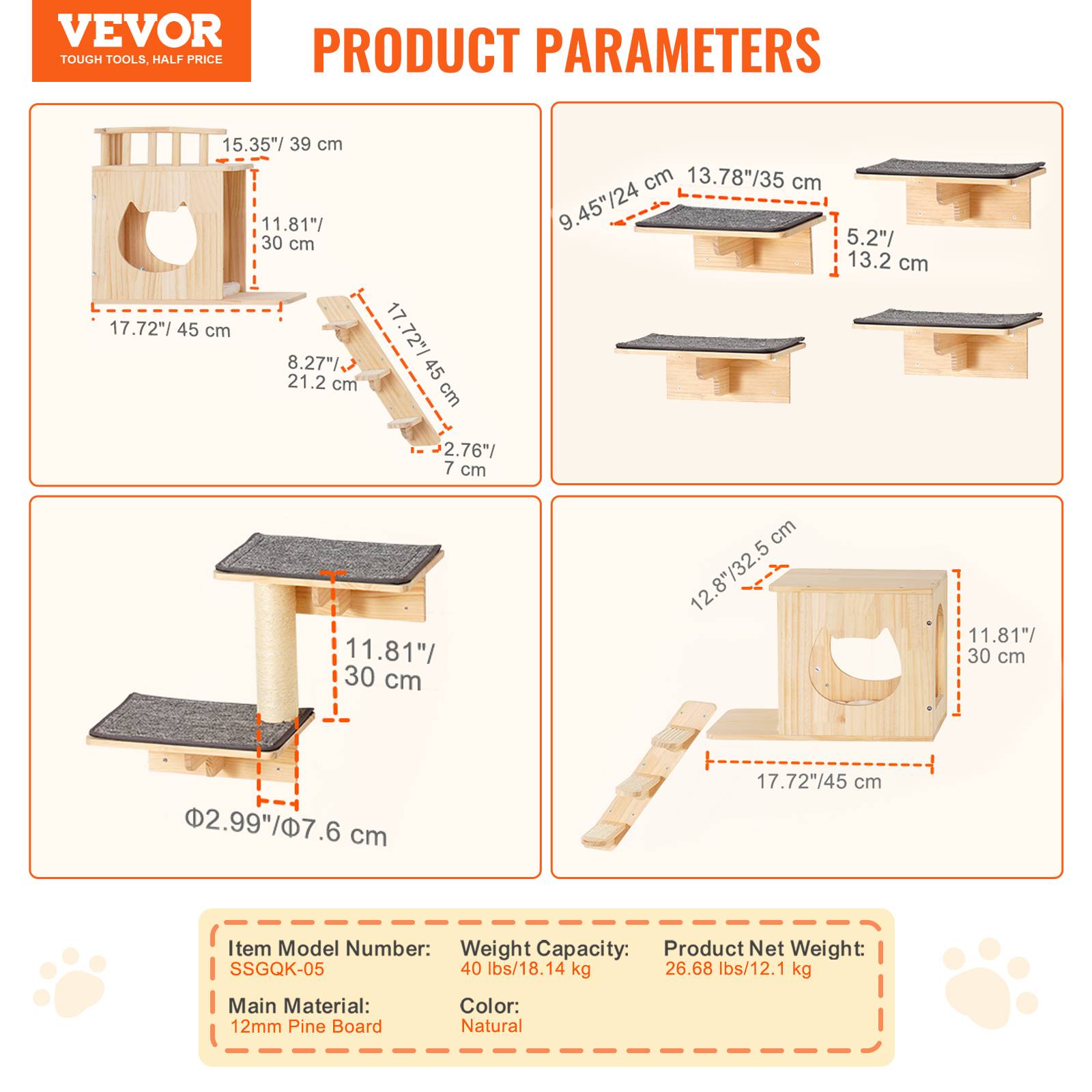 VEVOR Étagères murales pour chat (lot de 9), charge 18.14kg, plateformes, perchoirs, pour escalade/jeu. - Image 7