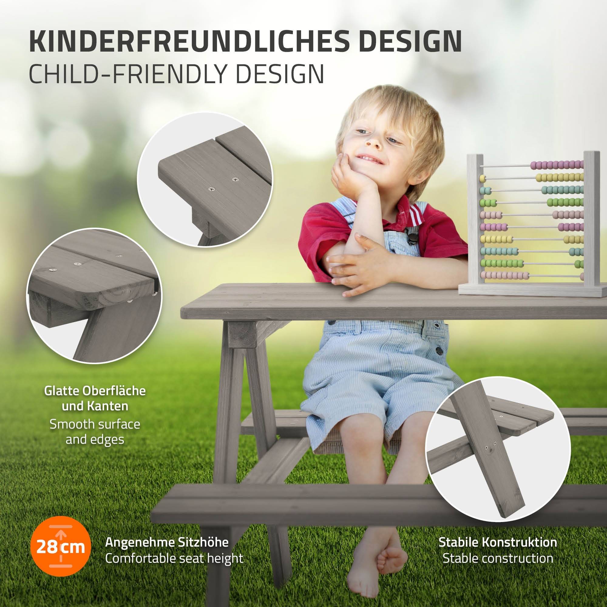 Ml-Design - Table de Pique-Nique avec 2 Bancs, Gris, Ensemble de Jeu pour Enfants, en Bois Massif, avec 4 Places - Image 3