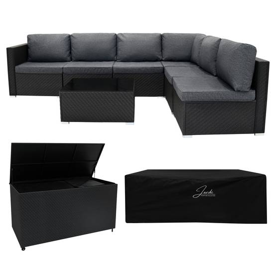 Jardi - Salon de Jardin Modulaire en Rotin Noir Serafina - 7 Pièces & Coffre de Rangement 996 L - Image 1