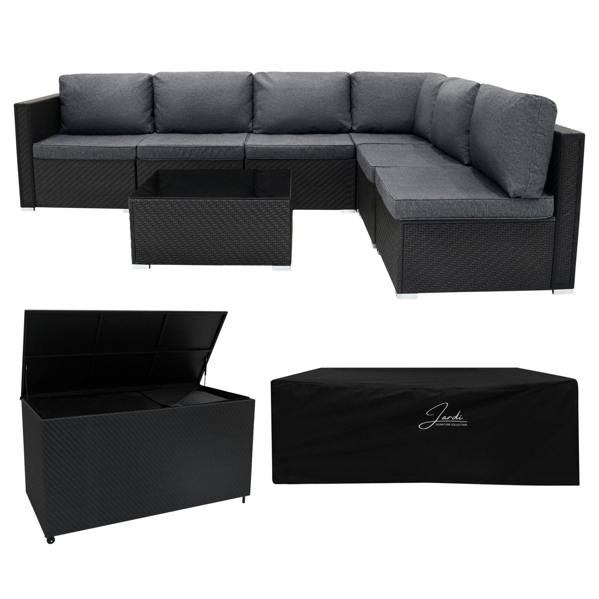 Jardi - Salon de Jardin Modulaire en Rotin Noir  Serafina - 7 Pièces & Coffre de Rangement 996 L - Image 1