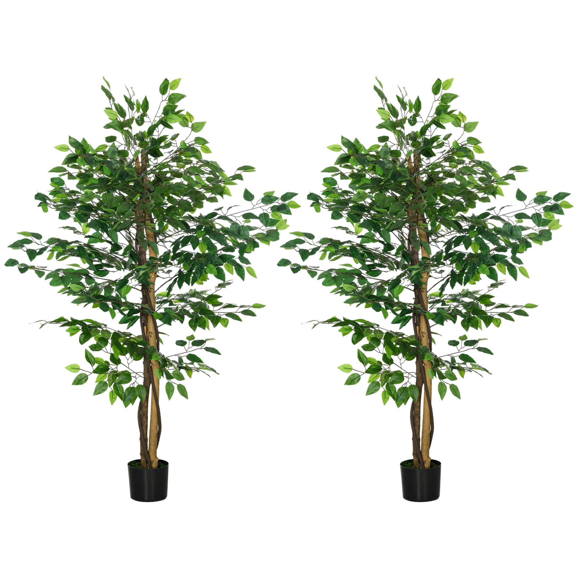 Sans Marque - Lot de 2 plantes artificielles ficus hauteur 1,50 m tronc branches liane lichen feuilles grand réalisme pot inclus vert - Image 1