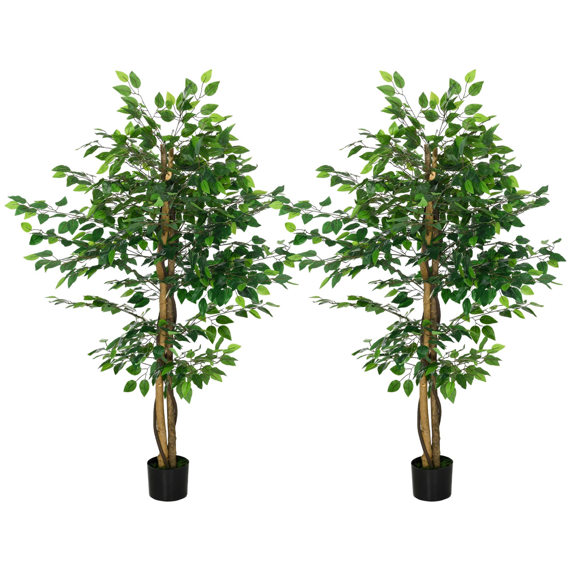 Sans Marque - Lot de 2 plantes artificielles ficus hauteur 1,50 m tronc branches liane lichen feuilles grand réalisme pot inclus vert - Image 2
