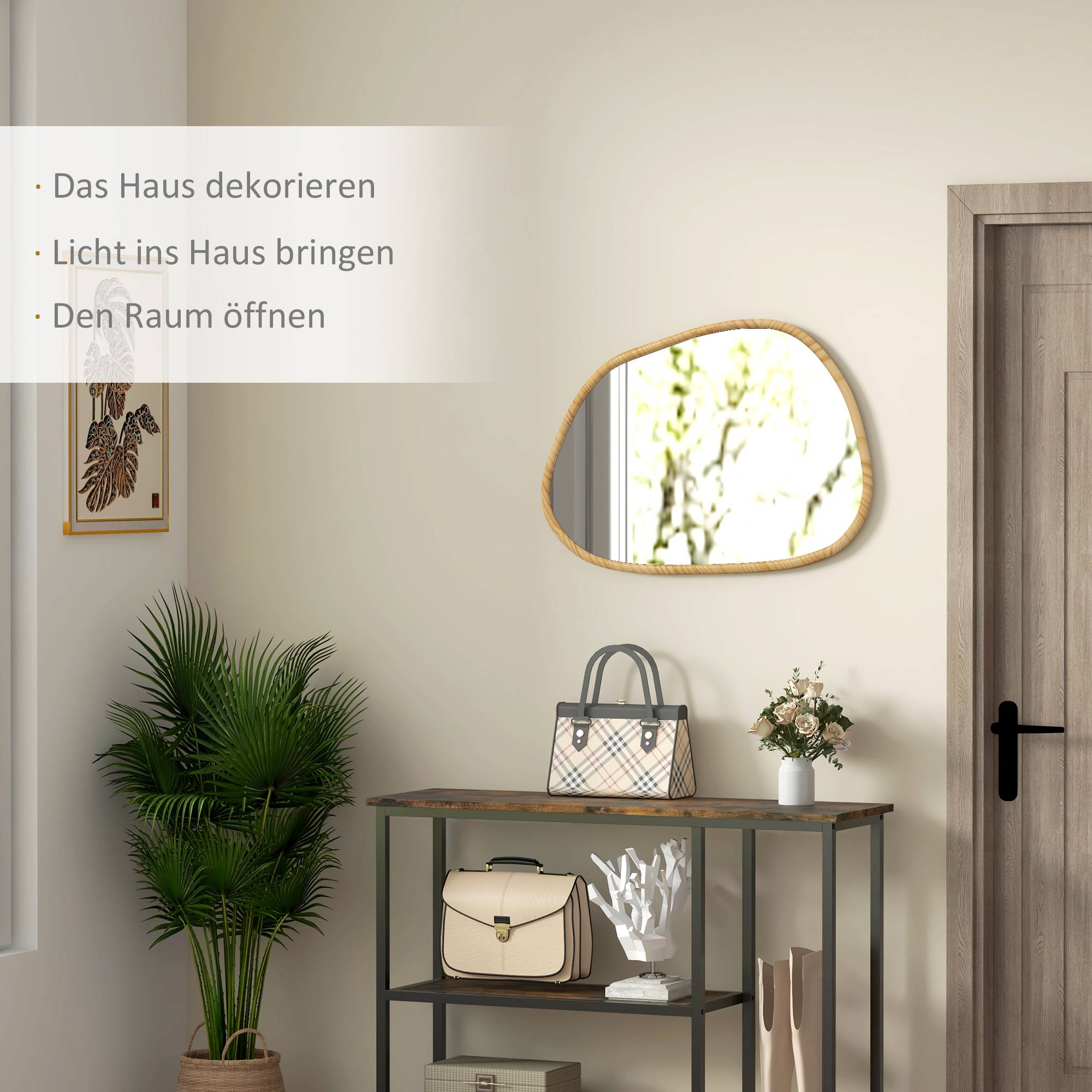 Miroir Mural Asymétrique Cadre Bois Pin Salon Salle de Bain Déco 70x50cm Naturel - ComfortXL Outdoor Living - Image 4