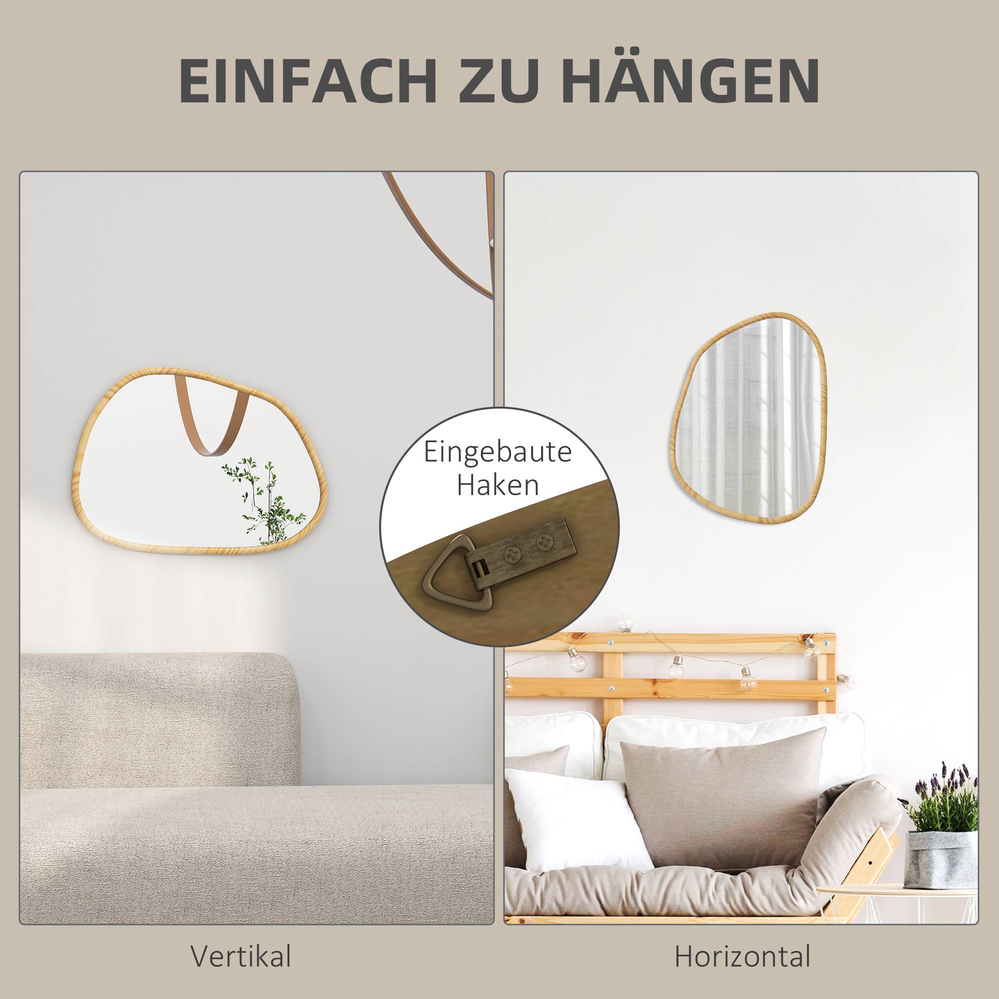 Miroir Mural Asymétrique Cadre Bois Pin Salon Salle de Bain Déco 70x50cm Naturel - ComfortXL Outdoor Living - Image 5