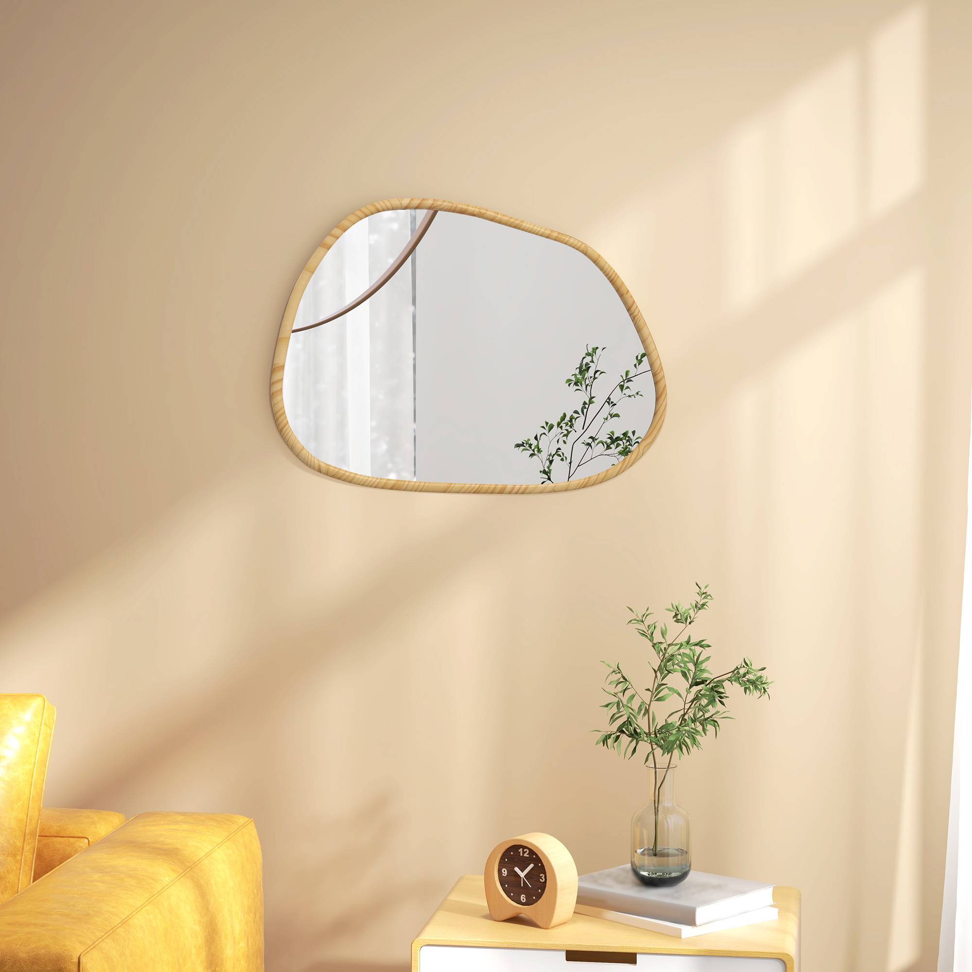 Miroir Mural Asymétrique Cadre Bois Pin Salon Salle de Bain Déco 70x50cm Naturel - ComfortXL Outdoor Living - Image 1