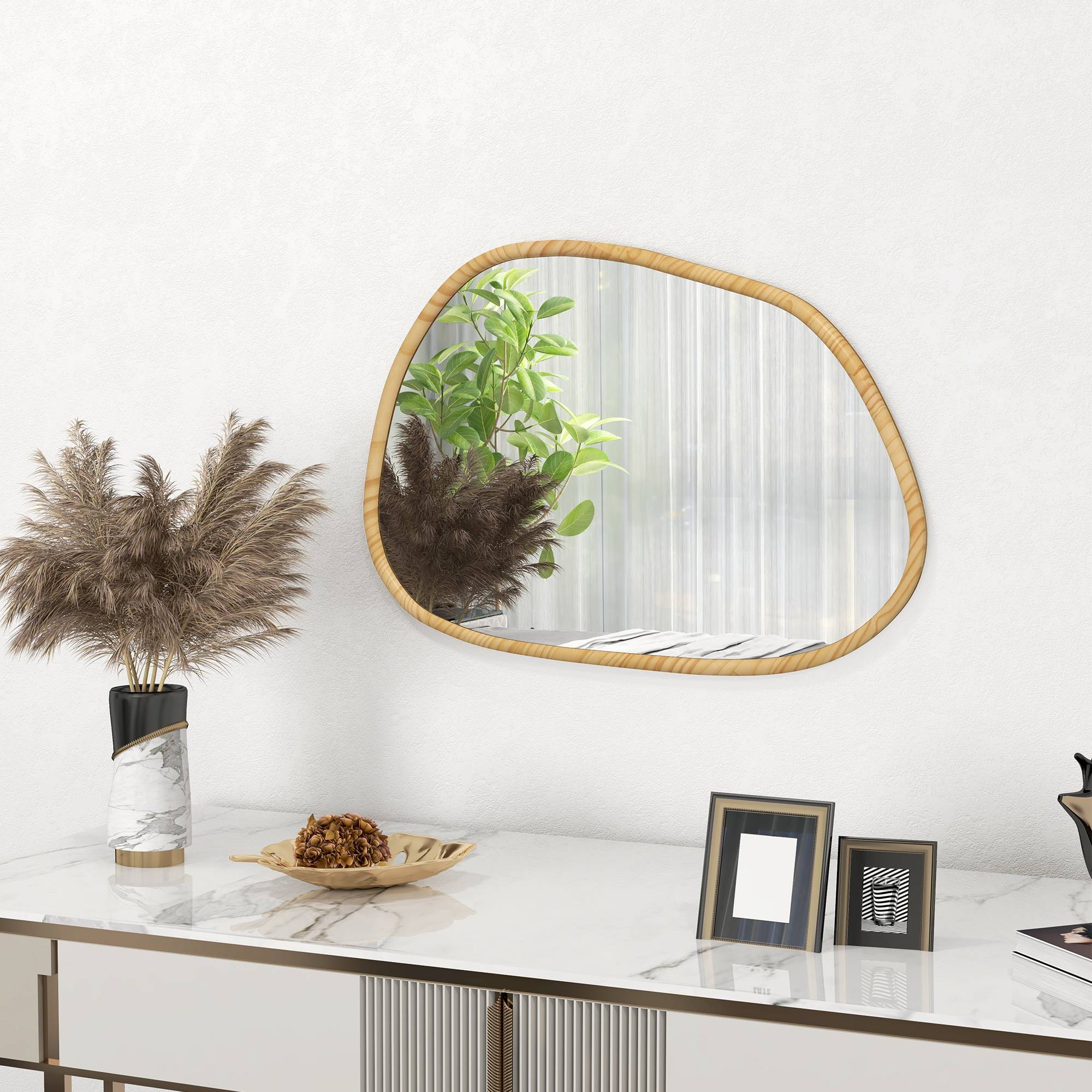 Miroir Mural Asymétrique Cadre Bois Pin Salon Salle de Bain Déco 70x50cm Naturel - ComfortXL Outdoor Living - Image 7