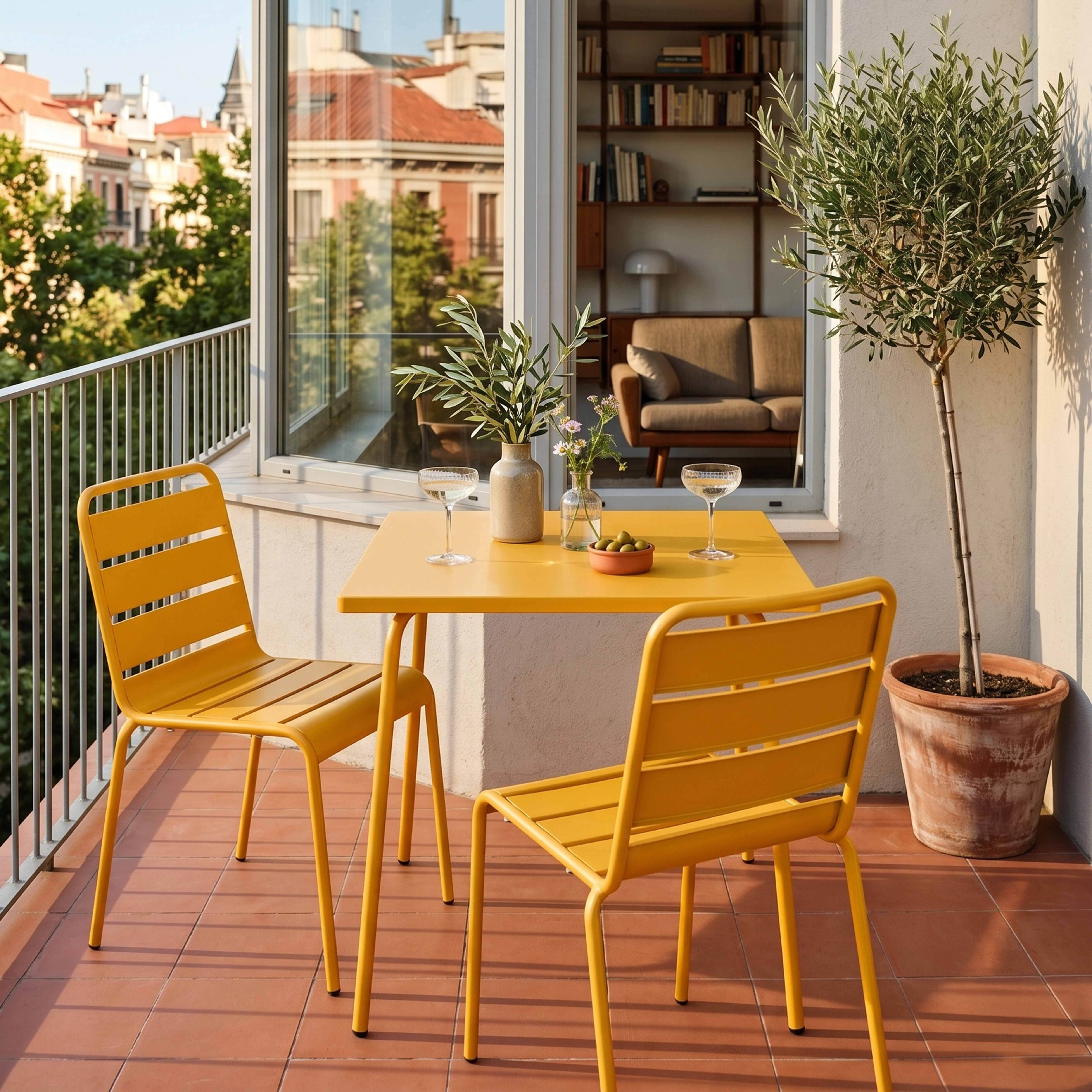 Oviala - Ensemble table de jardin carrée et 2 chaises acier jaune Palavas - Oviala - Imagen 2