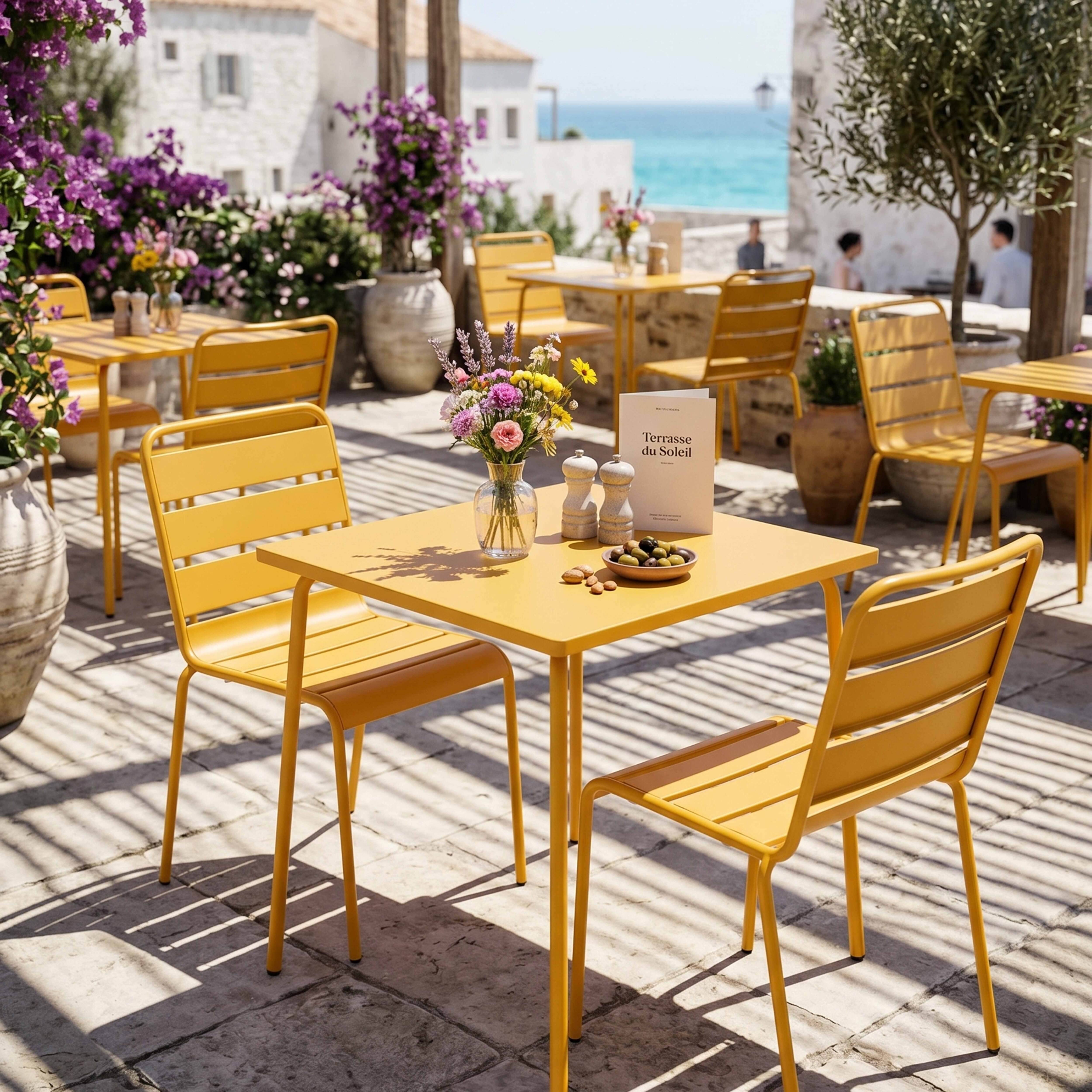 Oviala - Ensemble table de jardin carrée et 2 chaises acier jaune Palavas - Oviala - Imagen 6