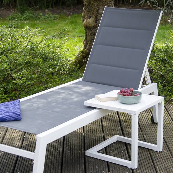 Set bain de soleil et table d'appoint BARBADOS en textilène gris - aluminium blanc - HAPPY GARDEN - Image 7