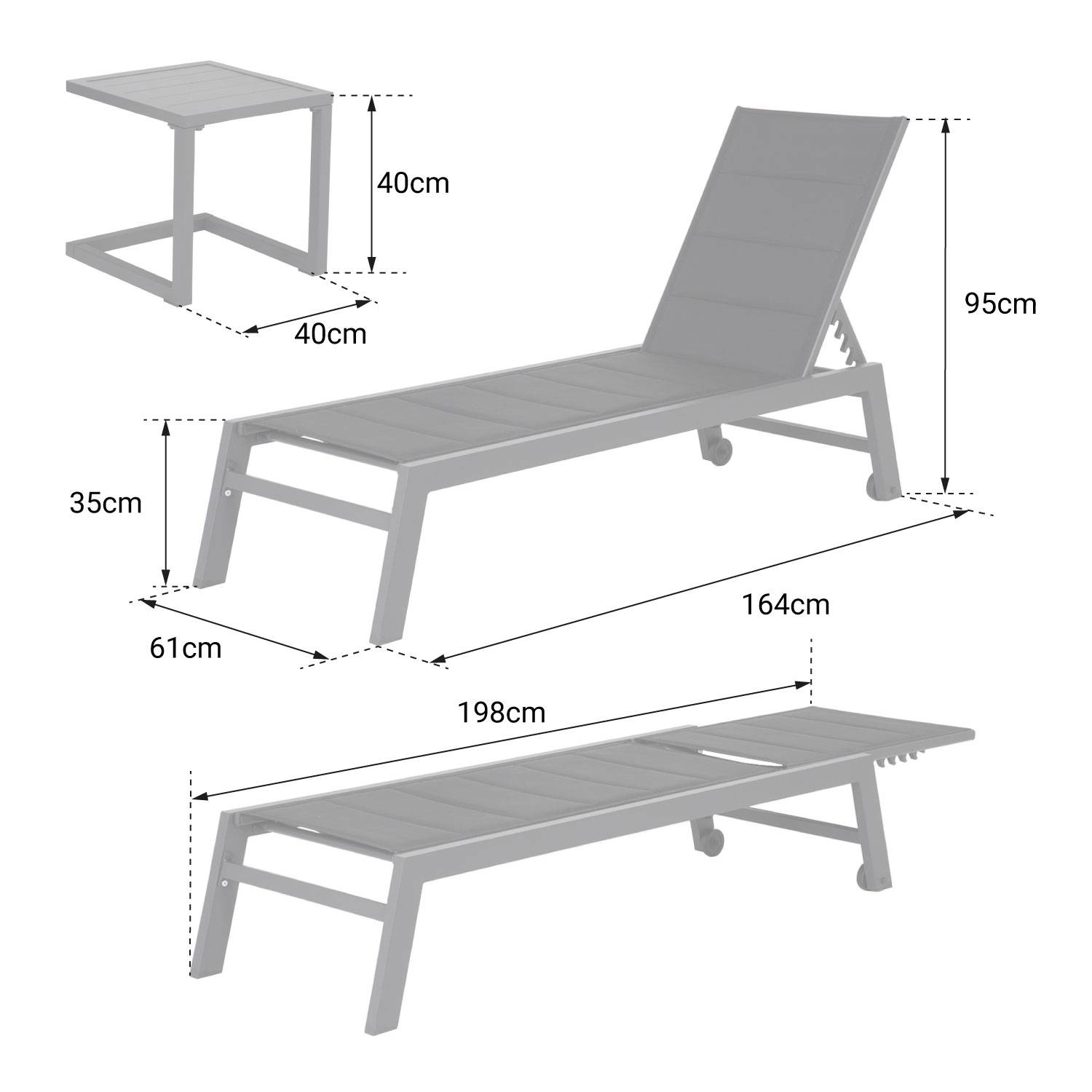 Set bain de soleil et table d'appoint BARBADOS en textilène gris - aluminium blanc - HAPPY GARDEN - Image 8