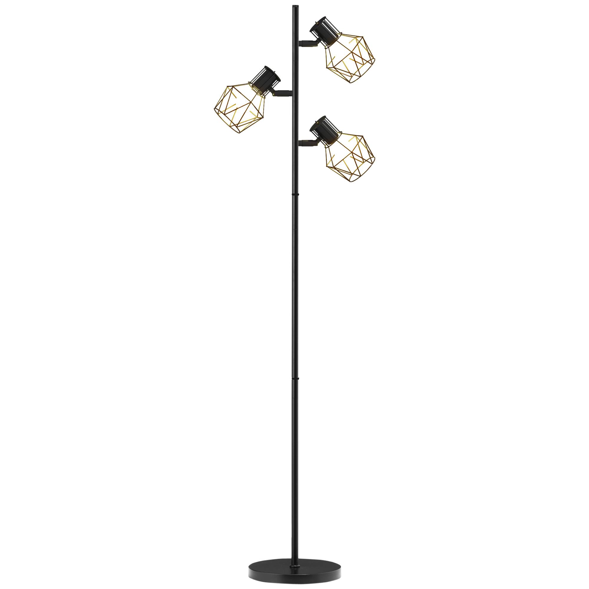 Lampadaire à 3 lumières avec éléments lumineux flexibles, structure en forme d'arbre, pour salon et chambre, métal, noir - Image 1