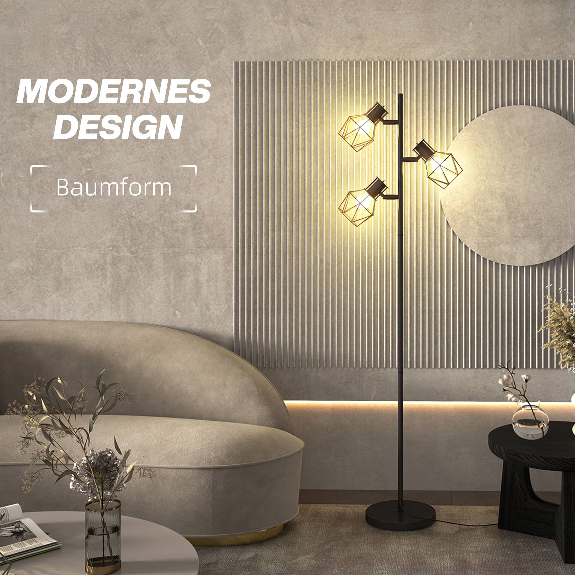 Lampadaire à 3 lumières avec éléments lumineux flexibles, structure en forme d'arbre, pour salon et chambre, métal, noir - Image 6