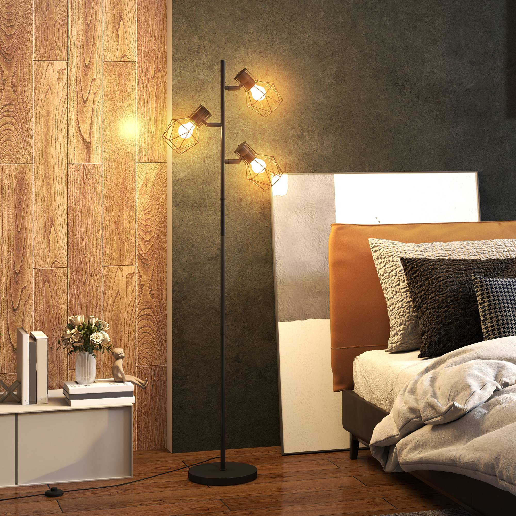 Lampadaire à 3 lumières avec éléments lumineux flexibles, structure en forme d'arbre, pour salon et chambre, métal, noir - Image 3