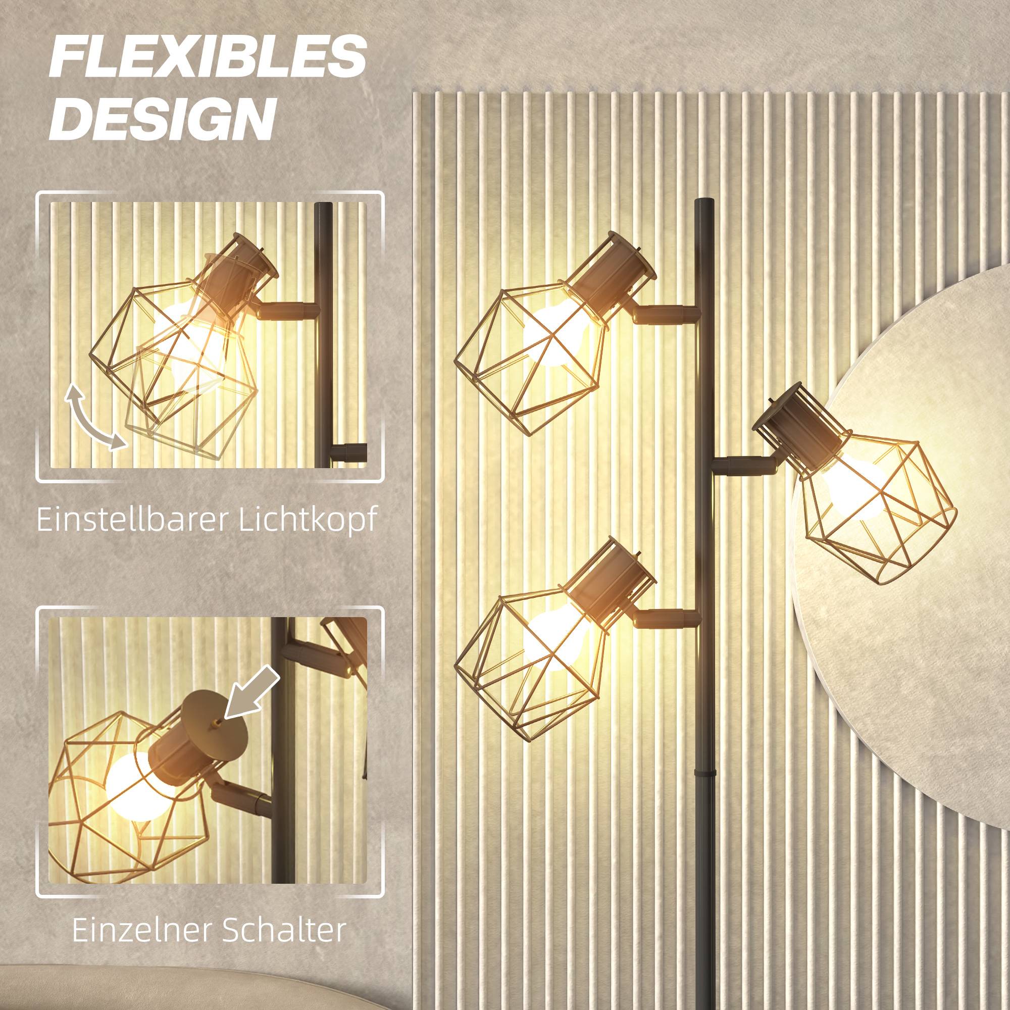 Lampadaire à 3 lumières avec éléments lumineux flexibles, structure en forme d'arbre, pour salon et chambre, métal, noir - Image 7