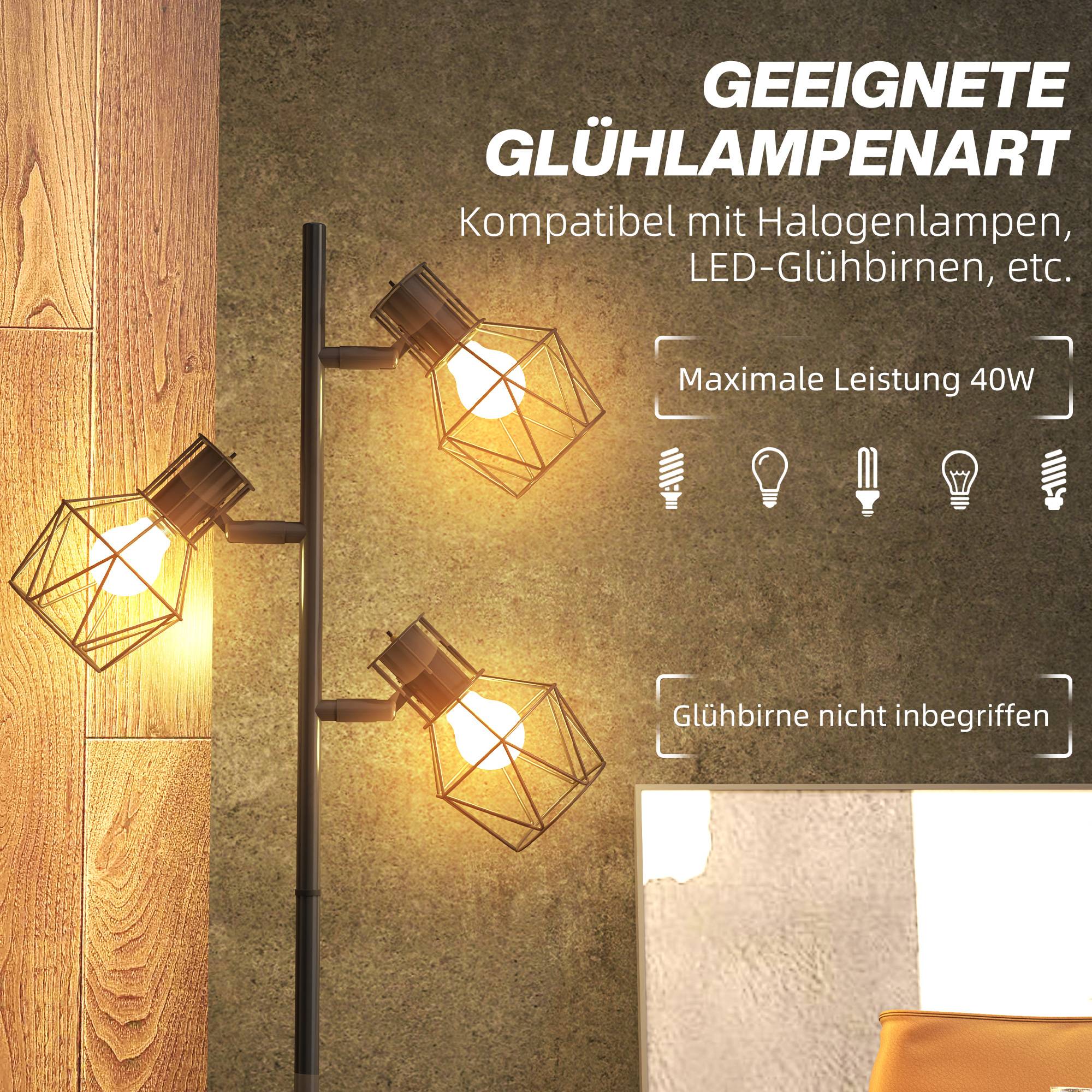 Lampadaire à 3 lumières avec éléments lumineux flexibles, structure en forme d'arbre, pour salon et chambre, métal, noir - Image 8