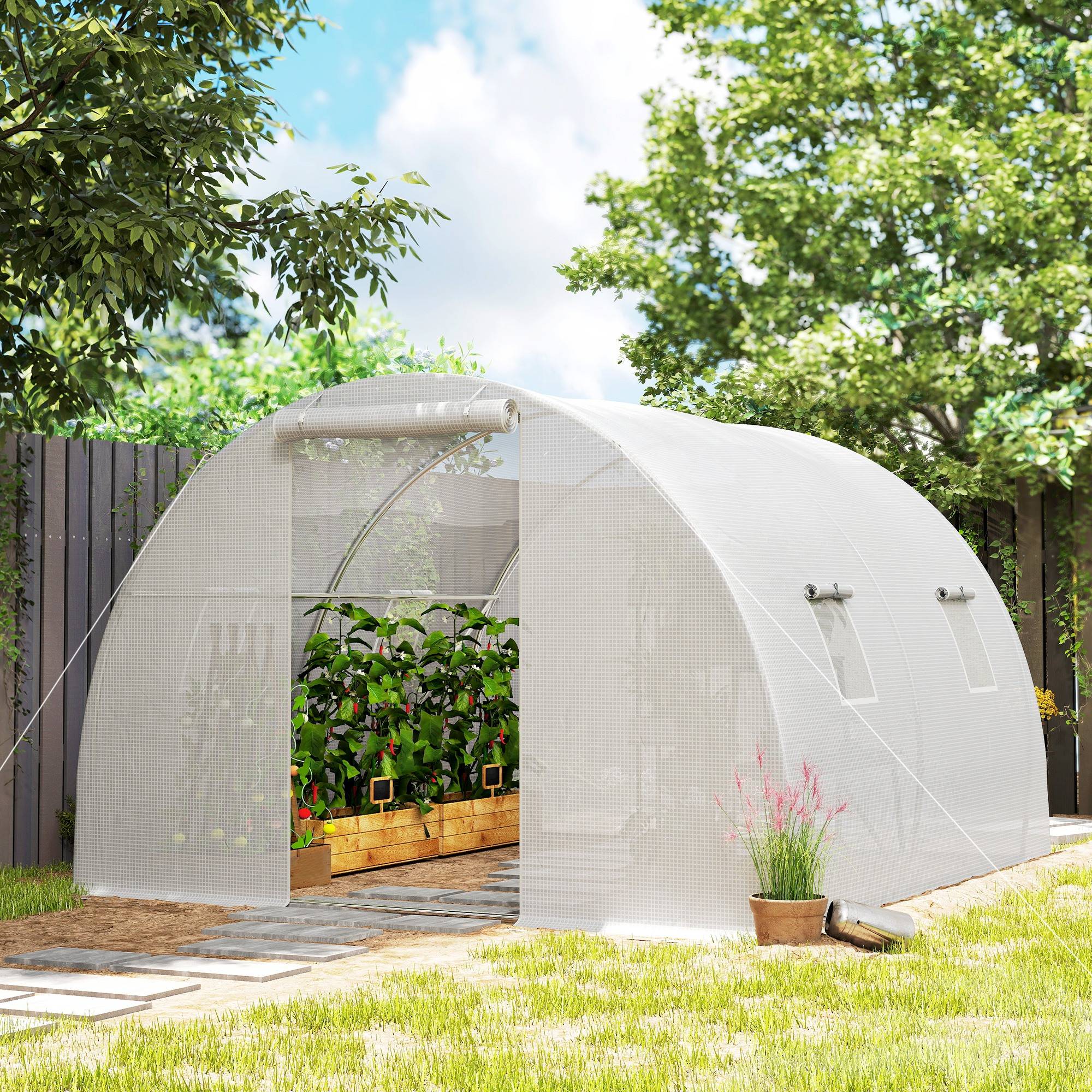 Sans Marque - Serre jardin tunnel 9m² 4 fenêtres porte zip enroulable acier galvanisé PE 3x3x2 m blanc - Image 3