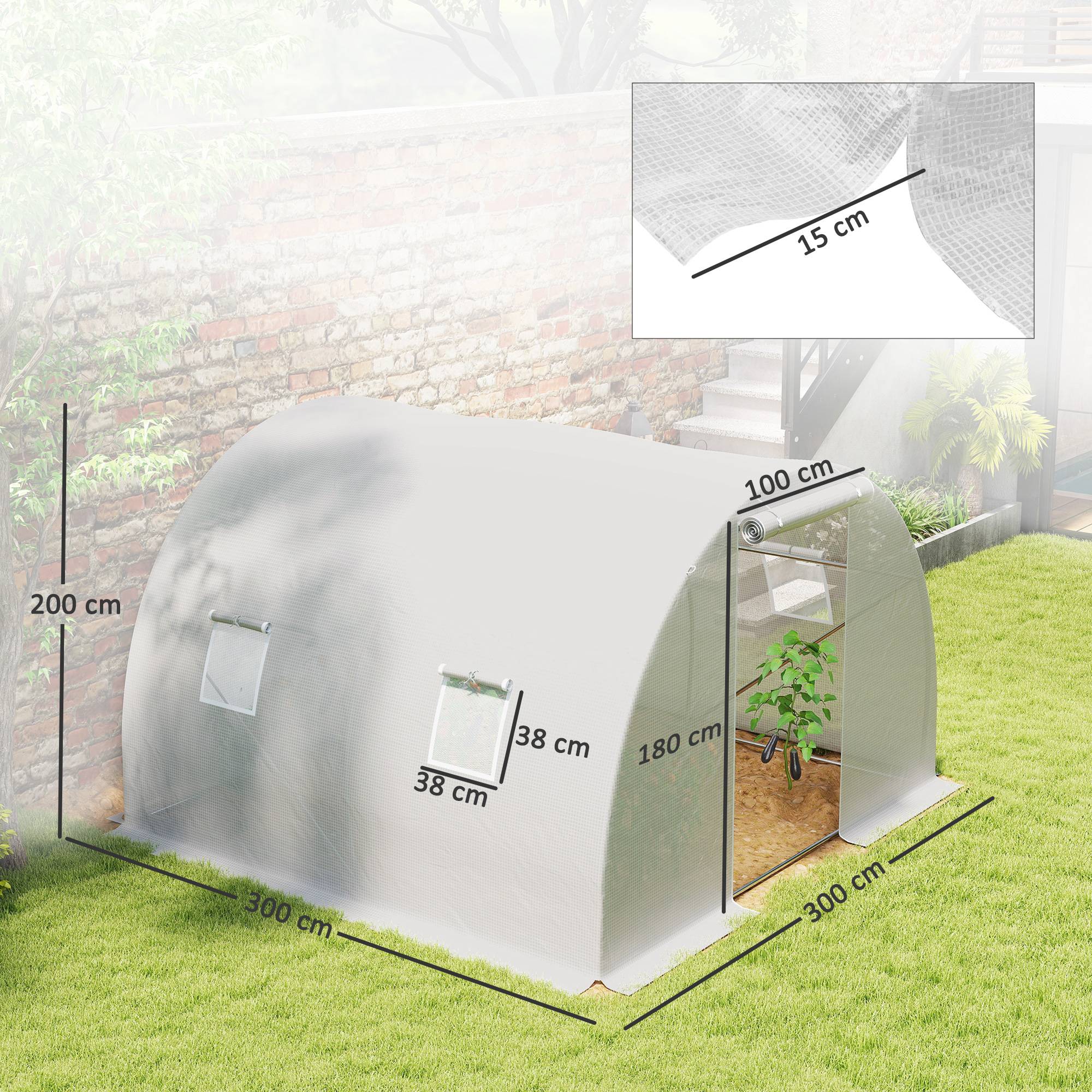 Sans Marque - Serre jardin tunnel 9m² 4 fenêtres porte zip enroulable acier galvanisé PE 3x3x2 m blanc - Image 5