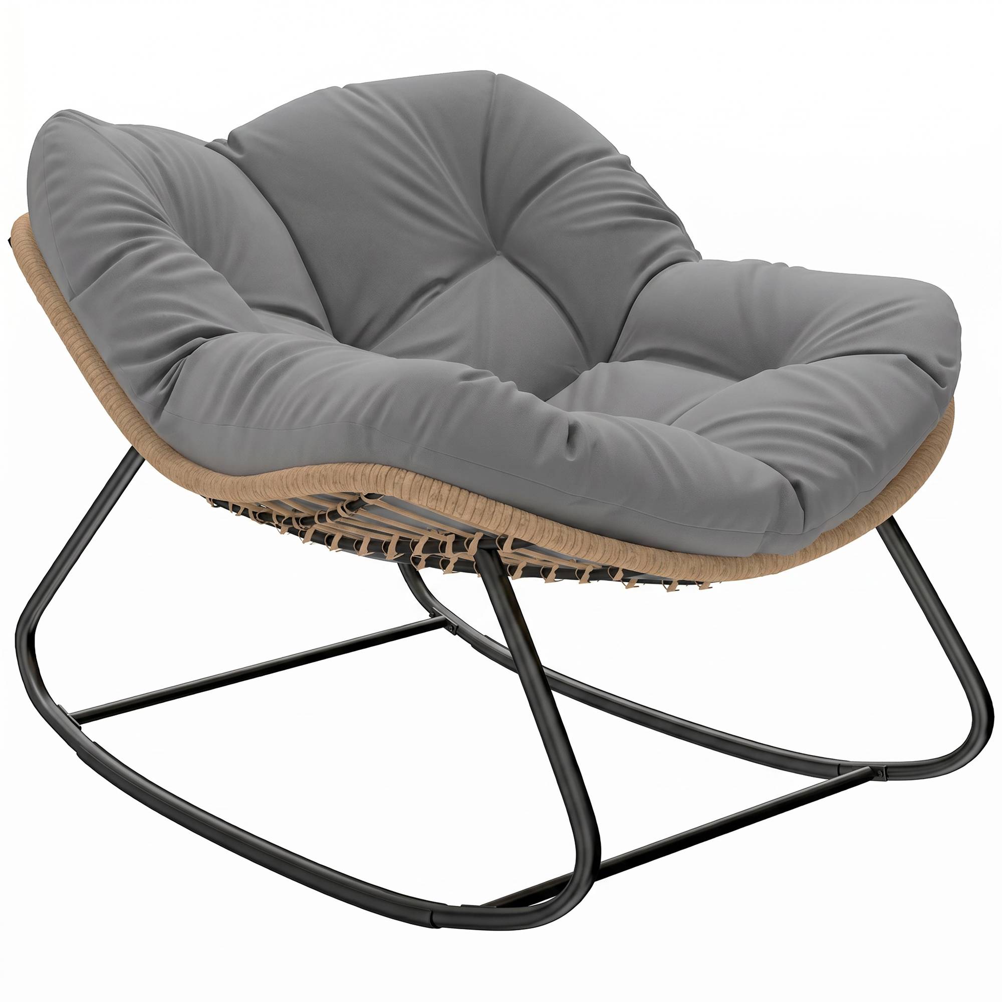 Fauteuil à Bascule Papasan Intérieur Extérieur, Chaise Ovale à Bascule Rembourrée pour Jardin, Patio, Gris - Image 1