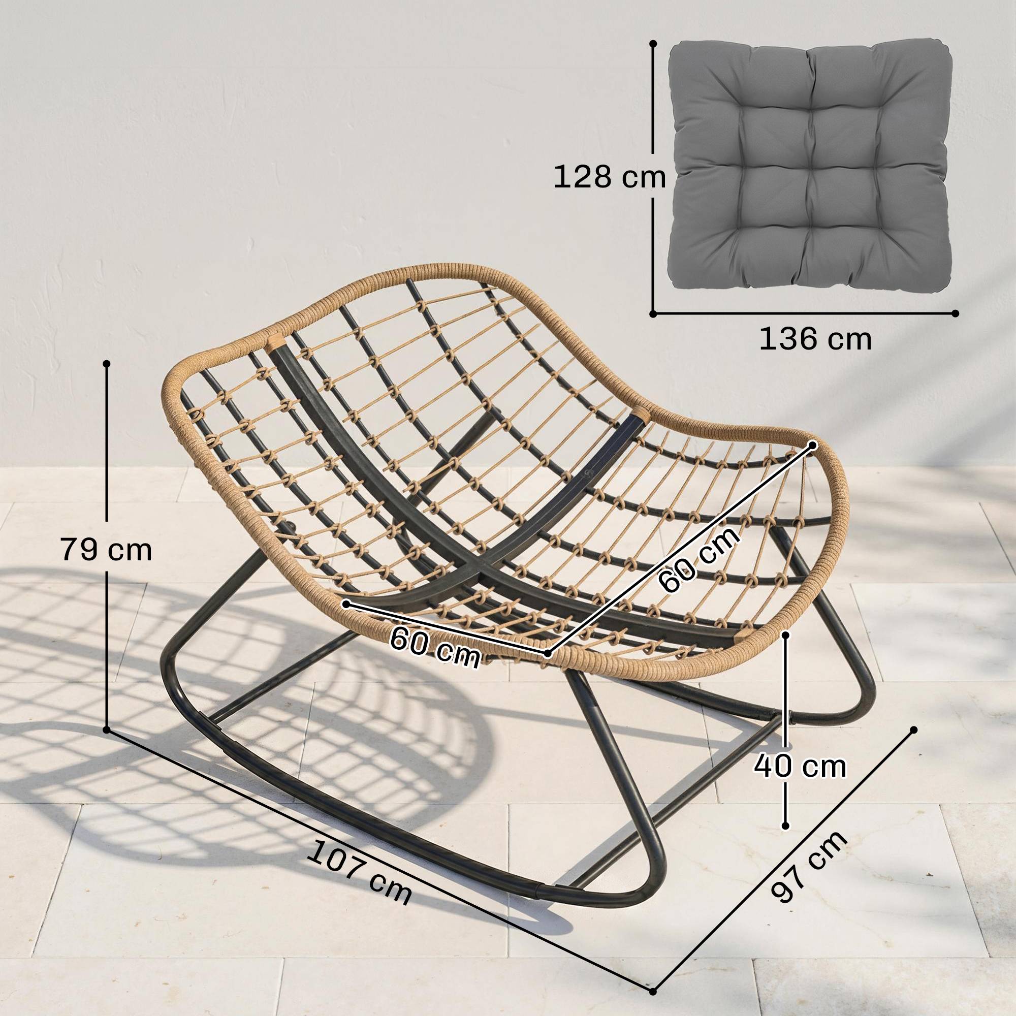 Fauteuil à Bascule Papasan Intérieur Extérieur, Chaise Ovale à Bascule Rembourrée pour Jardin, Patio, Gris - Image 5