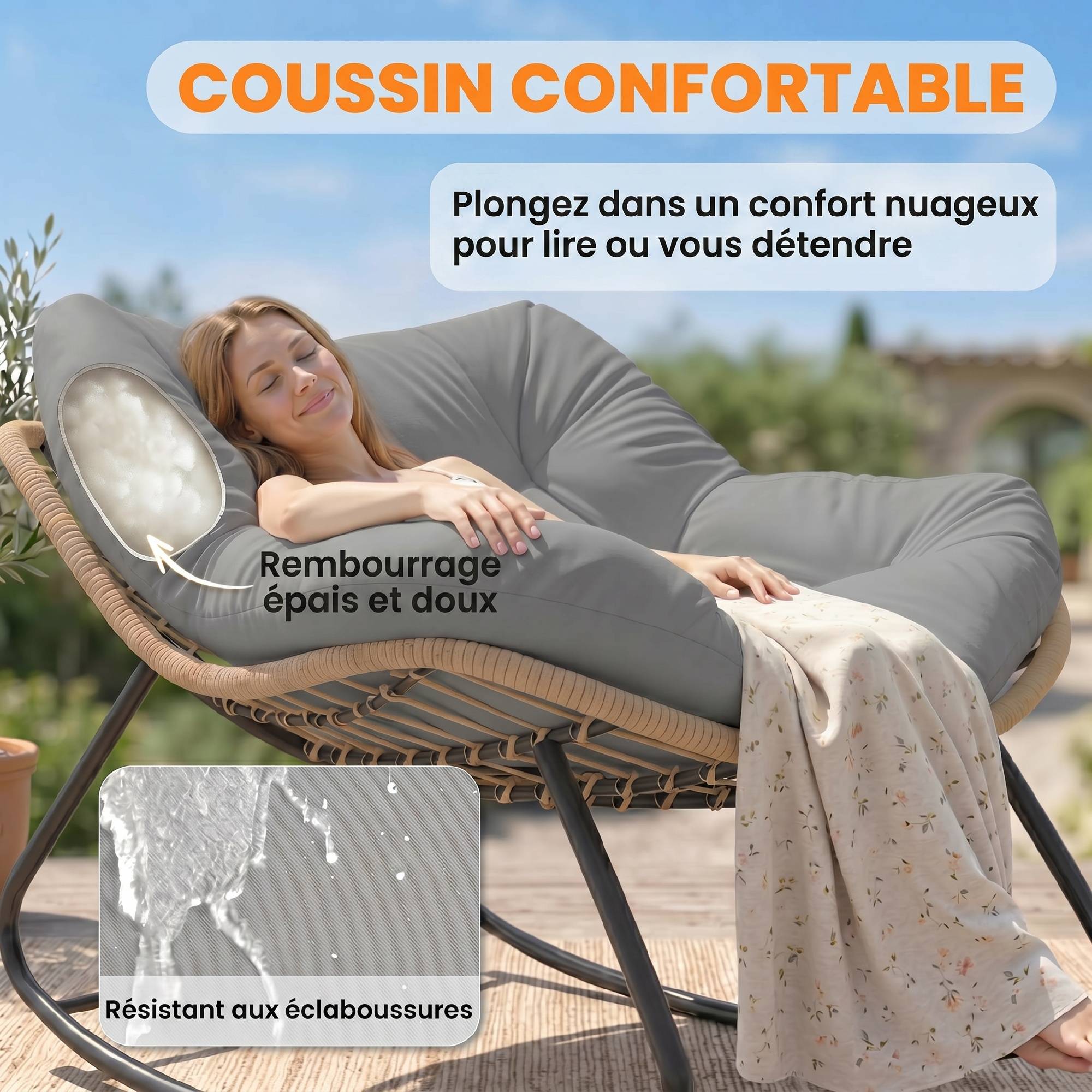 Fauteuil à Bascule Papasan Intérieur Extérieur, Chaise Ovale à Bascule Rembourrée pour Jardin, Patio, Gris - Image 7