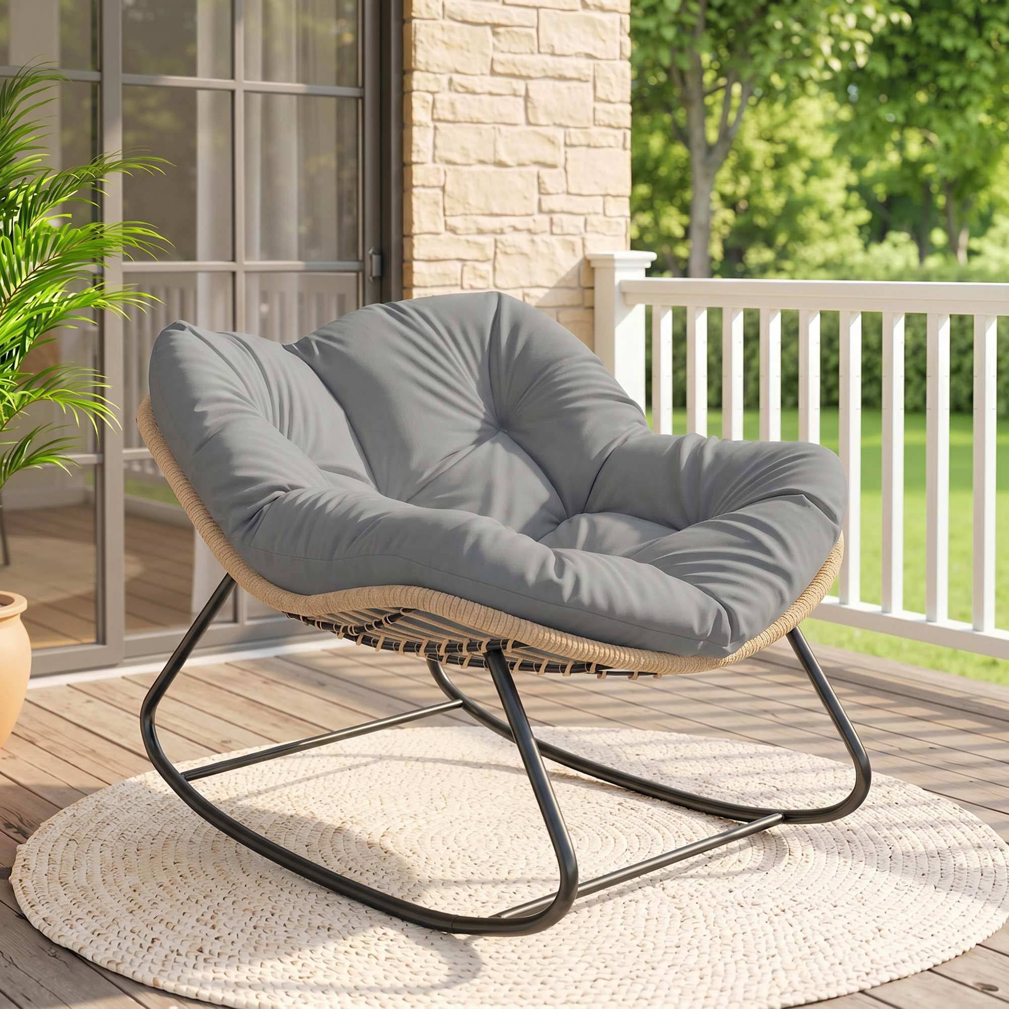 Fauteuil à Bascule Papasan Intérieur Extérieur, Chaise Ovale à Bascule Rembourrée pour Jardin, Patio, Gris - Image 3