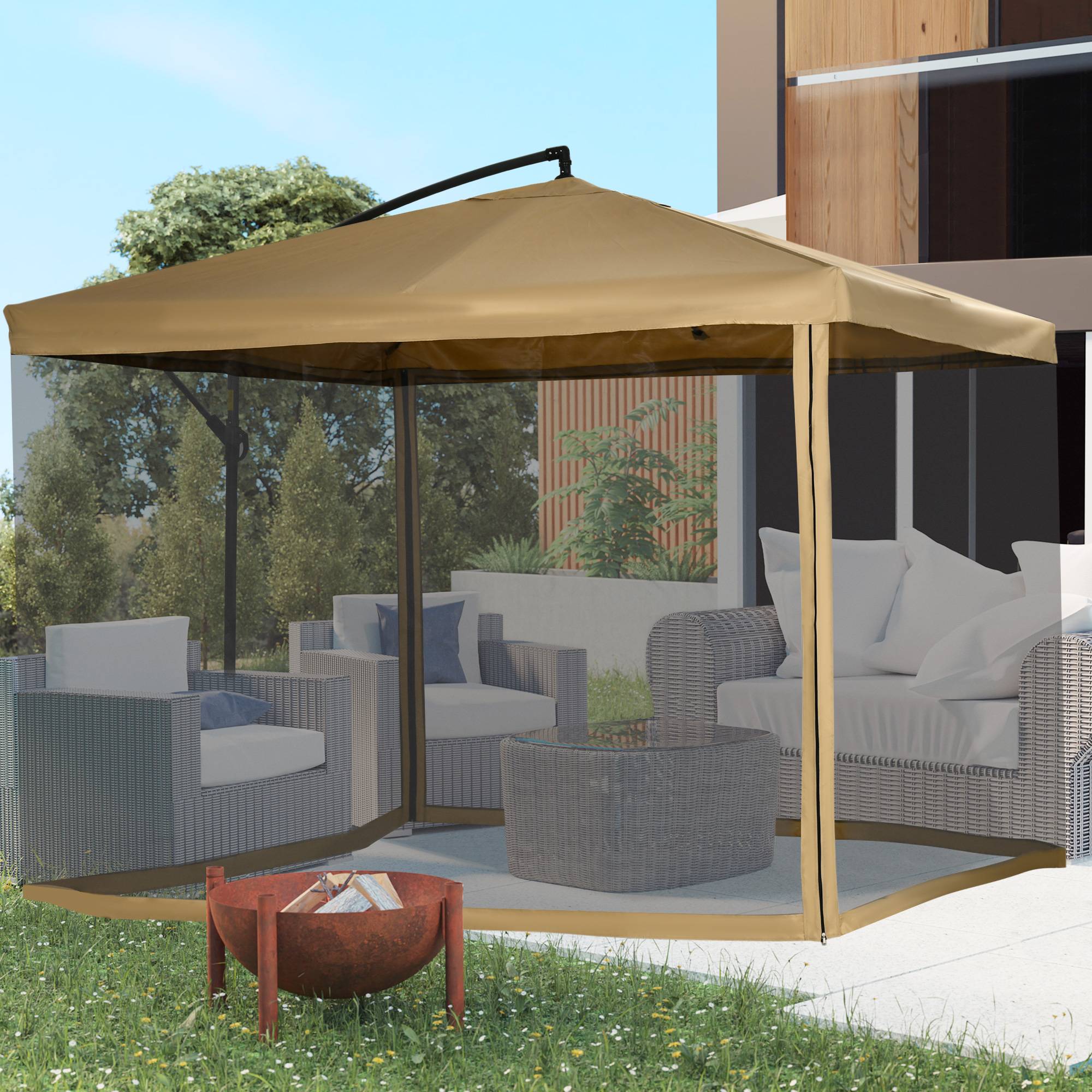 Parasol déporté acier terrasse jardin inclinable avec moustiquaire 296x296cm beige - ComfortXL Outdoor Living