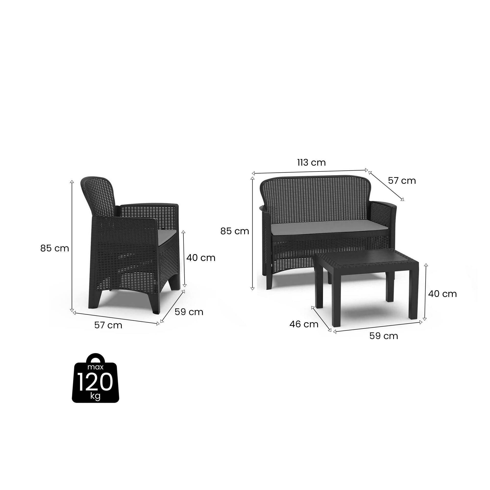 Dmora - Salon d'extérieur Ostuni, Salon de jardin composé de 2 fauteuils, 1 canapé et 1 table basse, Coin salon effet rotin avec coussins, Anthracite - Dmora - Imagen 3