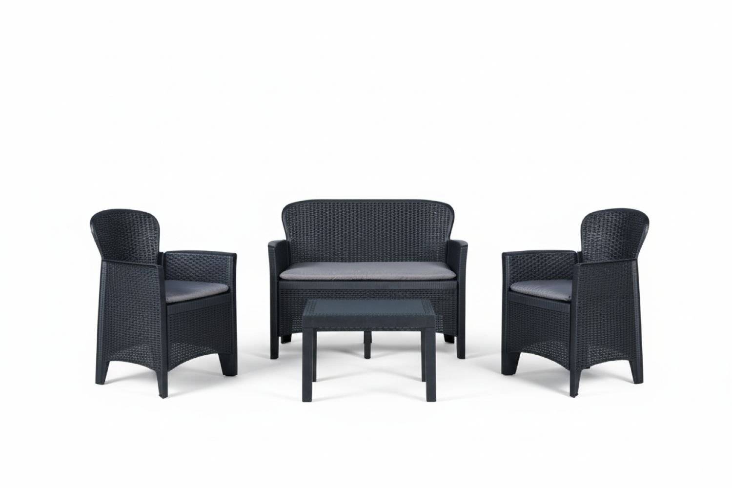 Dmora - Salon d'extérieur Ostuni, Salon de jardin composé de 2 fauteuils, 1 canapé et 1 table basse, Coin salon effet rotin avec coussins, Anthracite - Dmora - Imagen 6