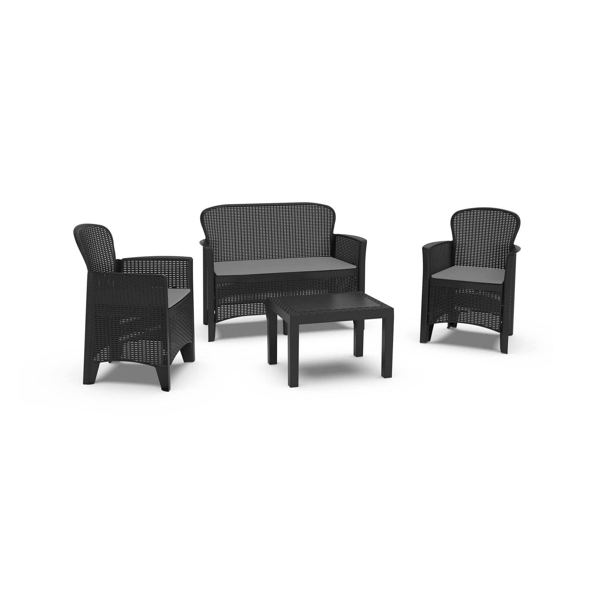 Dmora - Salon d'extérieur Ostuni, Salon de jardin composé de 2 fauteuils, 1 canapé et 1 table basse, Coin salon effet rotin avec coussins, Anthracite - Dmora - Imagen 1