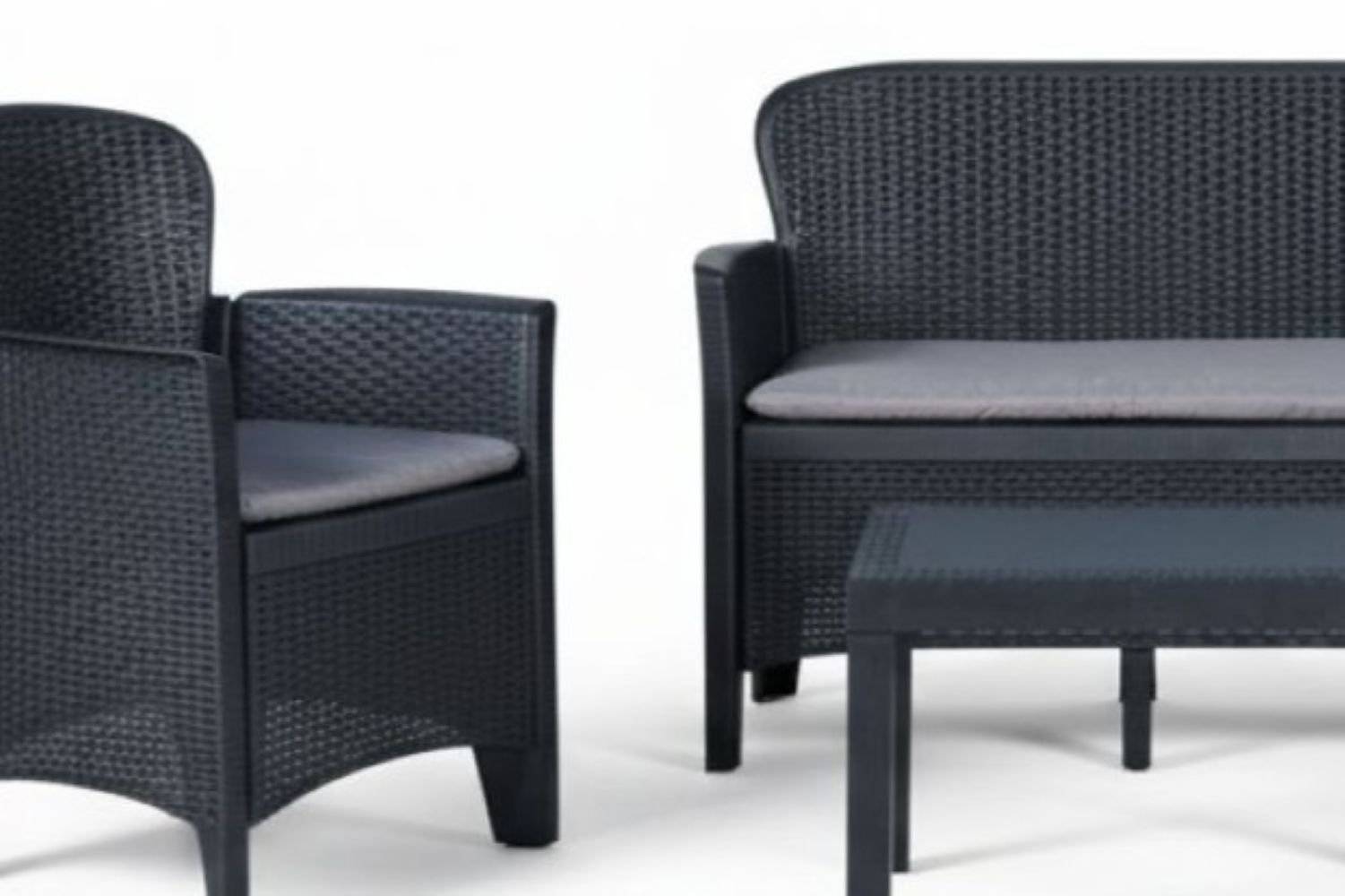 Dmora - Salon d'extérieur Ostuni, Salon de jardin composé de 2 fauteuils, 1 canapé et 1 table basse, Coin salon effet rotin avec coussins, Anthracite - Dmora - Imagen 9