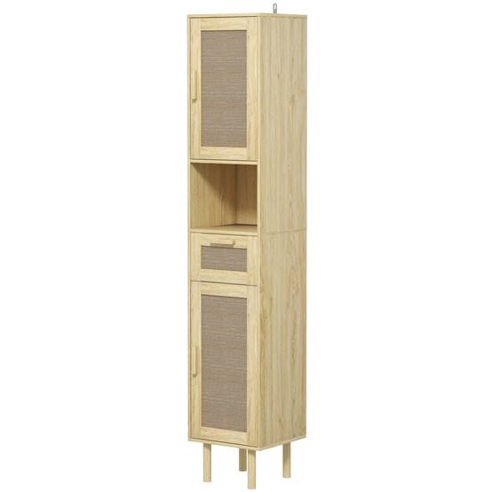Meuble salle de bain portes effet rotin tiroir et 2 placards, colonne rangement 32x30x170 cm chêne style naturel moderne - Image 2
