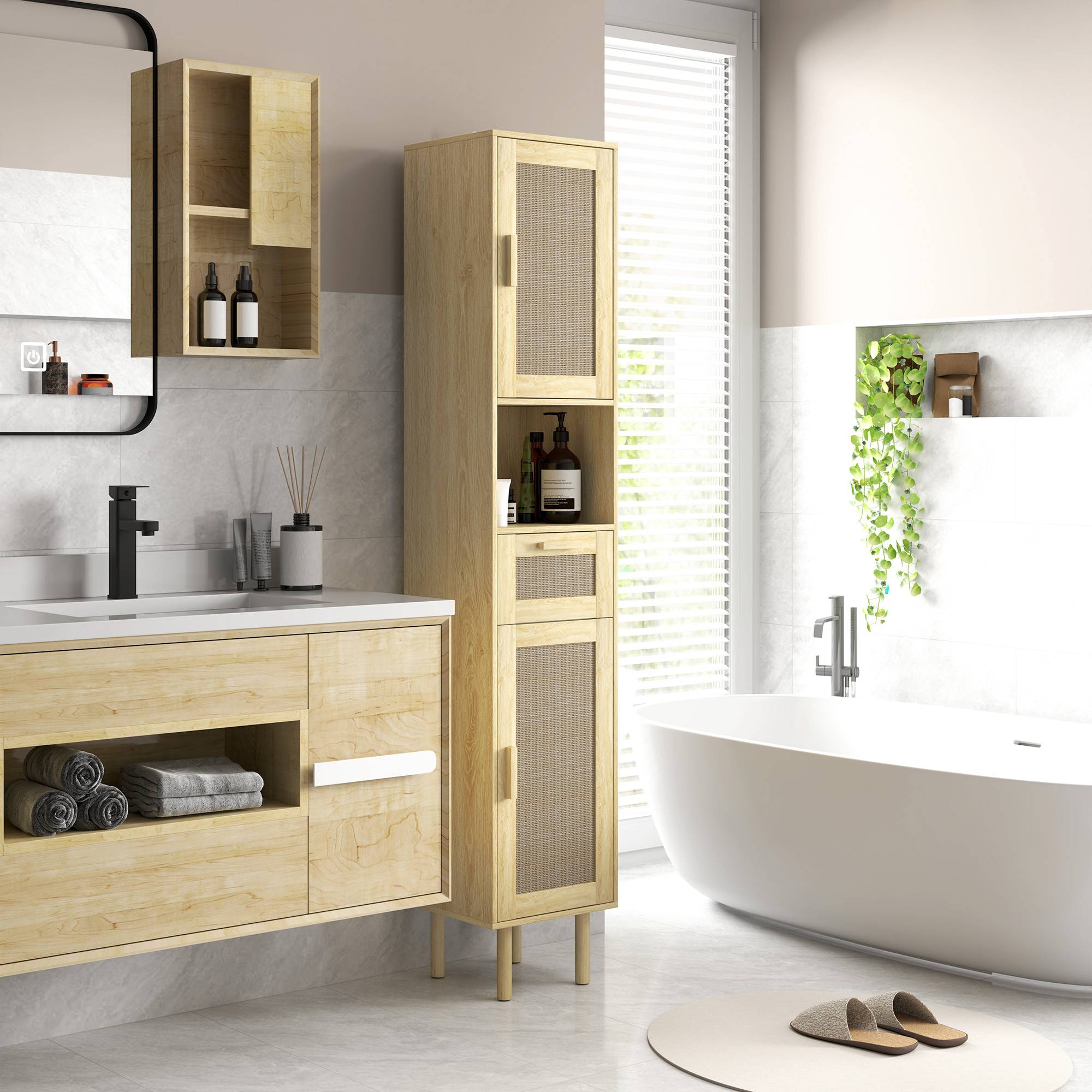 Meuble salle de bain portes effet rotin tiroir et 2 placards, colonne rangement 32x30x170 cm chêne style naturel moderne - Image 3