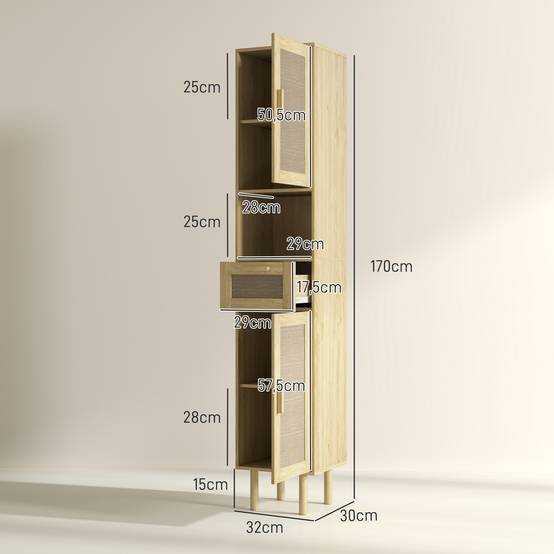 Meuble salle de bain portes effet rotin tiroir et 2 placards, colonne rangement 32x30x170 cm chêne style naturel moderne - Image 5