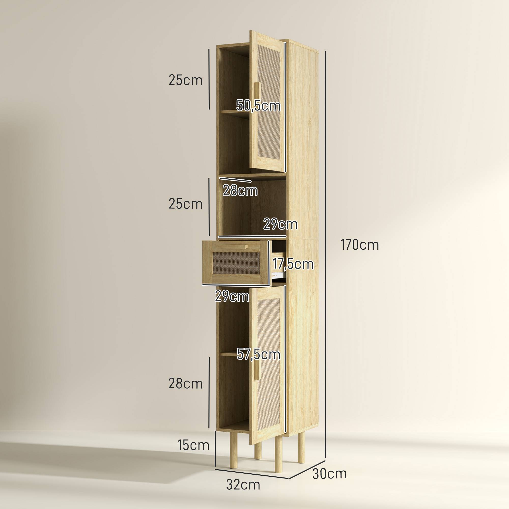 Meuble salle de bain portes effet rotin tiroir et 2 placards, colonne rangement 32x30x170 cm chêne style naturel moderne - Image 5