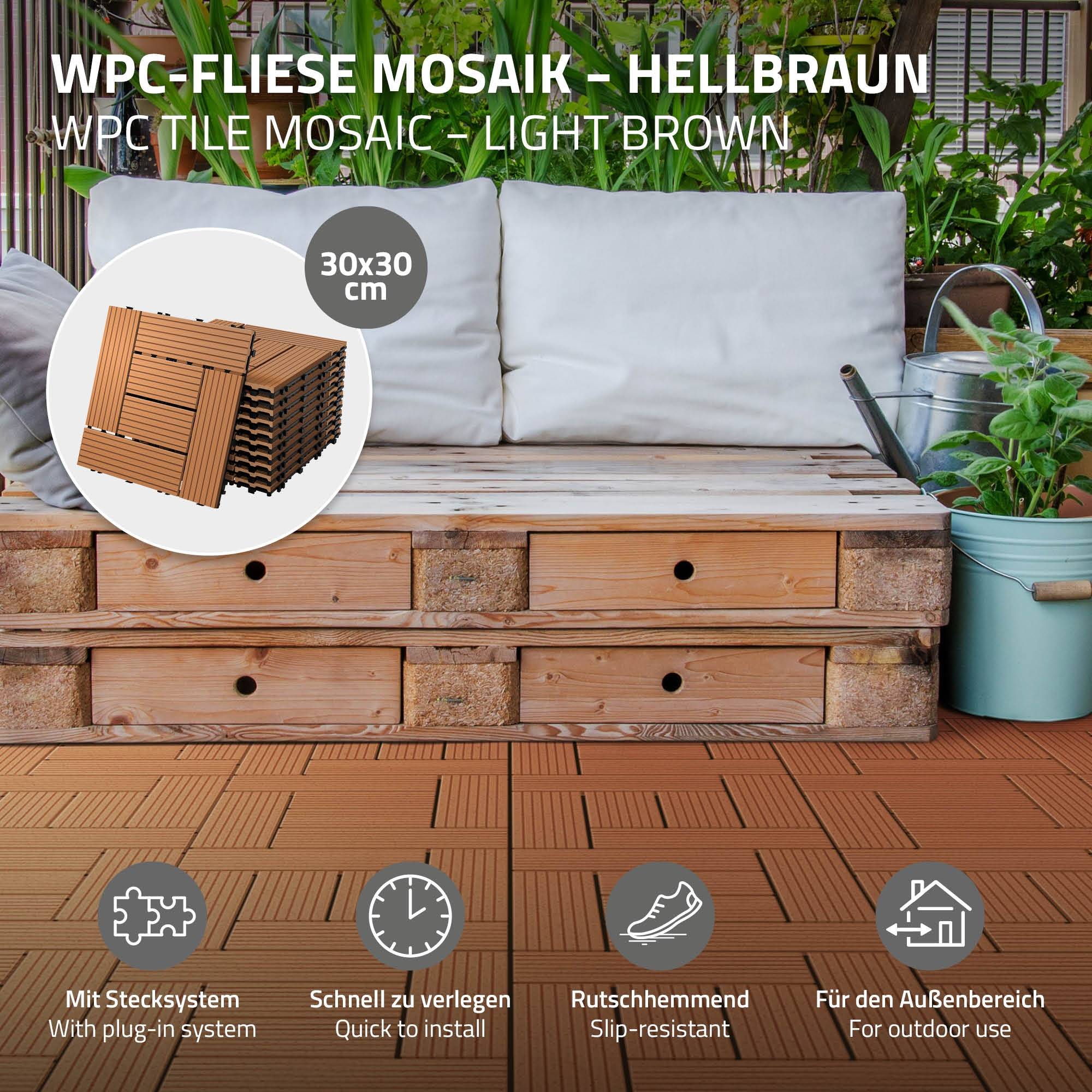 Ecd-Germany - Carreaux WPC de sol 30x30 cm 4m² mosaïque pour marron clair - Imagen 2