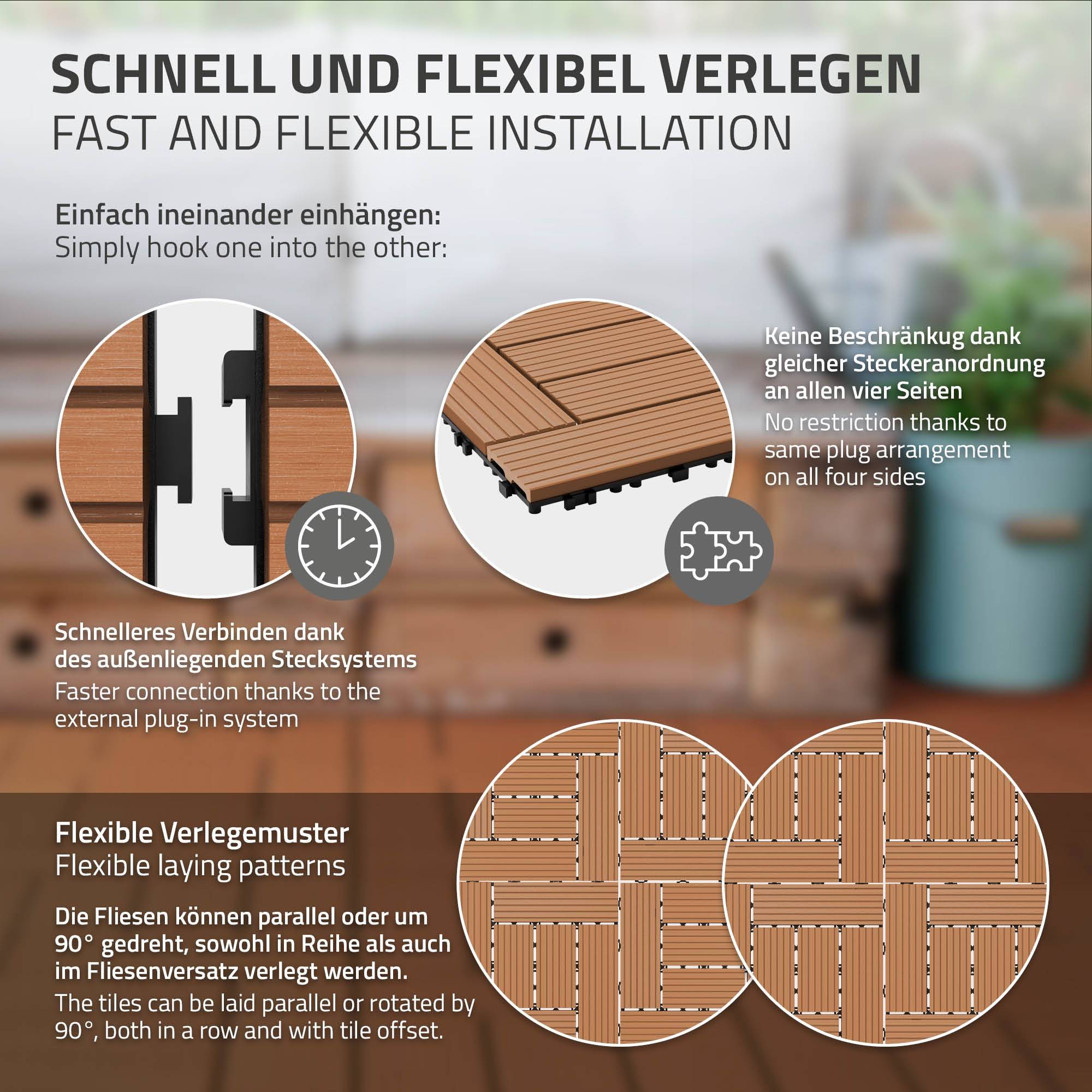 Ecd-Germany - Carreaux WPC de sol 30x30 cm 4m² mosaïque pour marron clair - Imagen 5