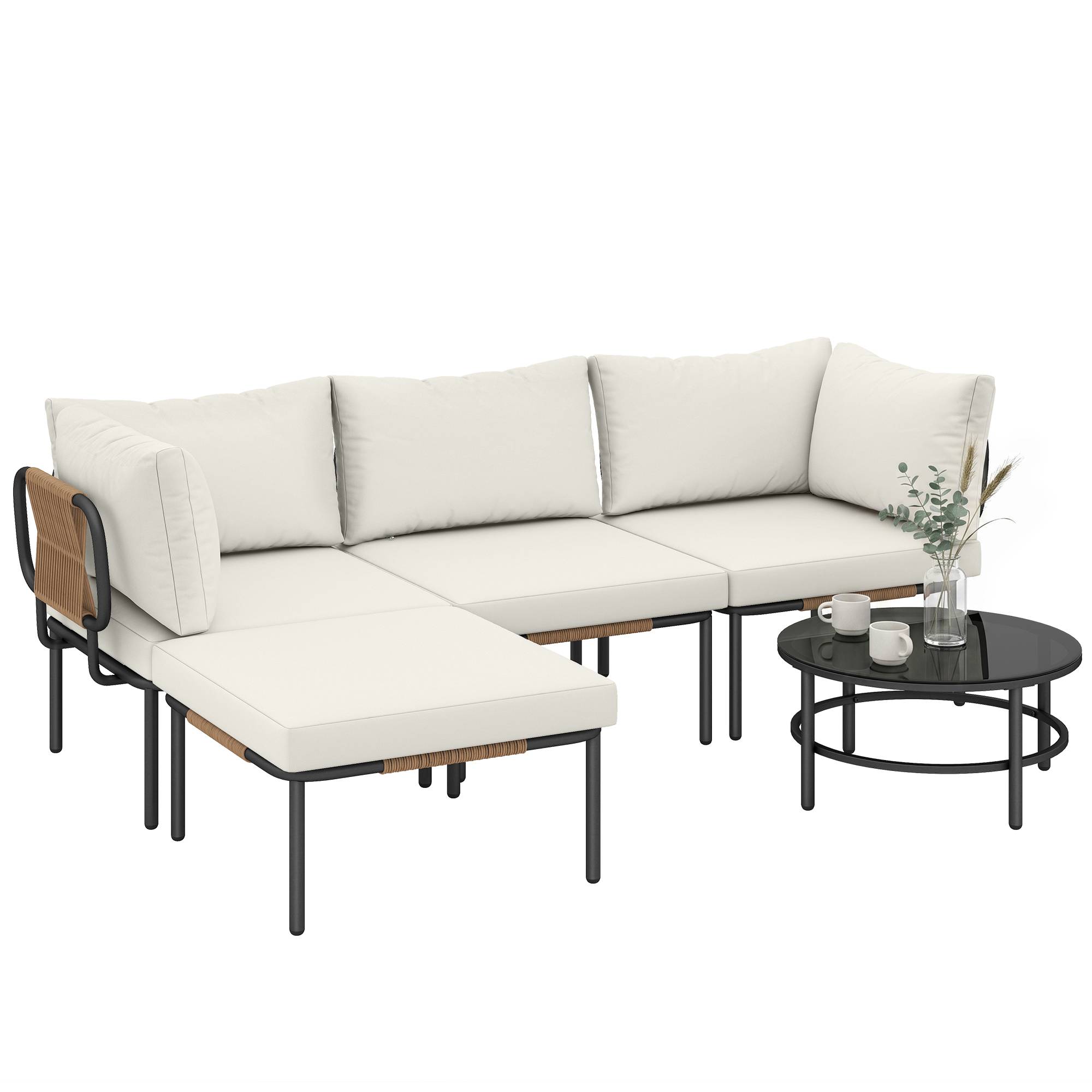 Salon de Jardin Modulable 5 Pièces Résine Tressée Terrasse Canapé Angle 192x126x60cm Kaki - ComfortXL Outdoor Living