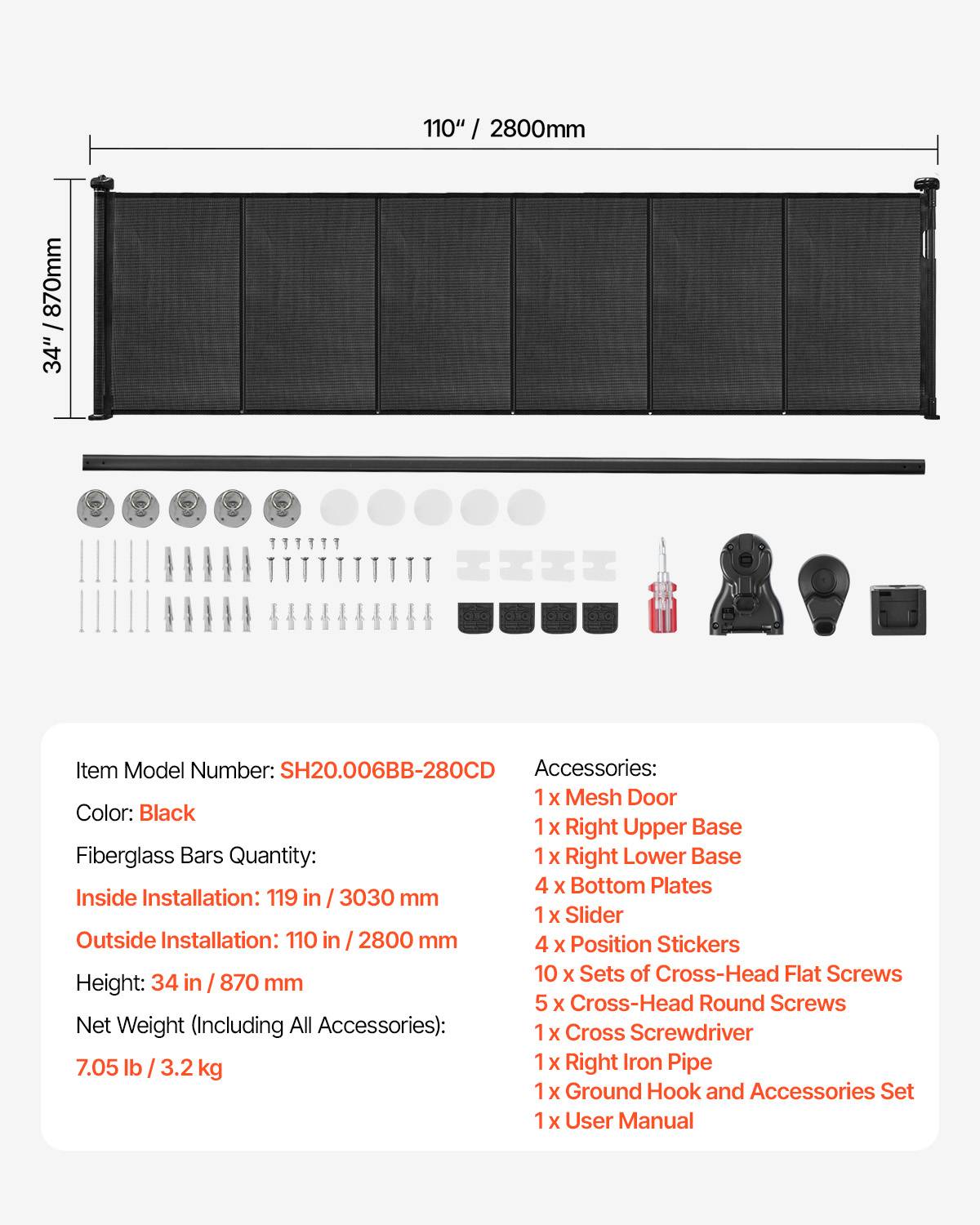 Vevor - VEVOR Barrière de sécurité rétractable jusqu’à 280 cm, hauteur 87 cm, maille robuste, anti-ramper, installation ajustable, noir. - Image 6