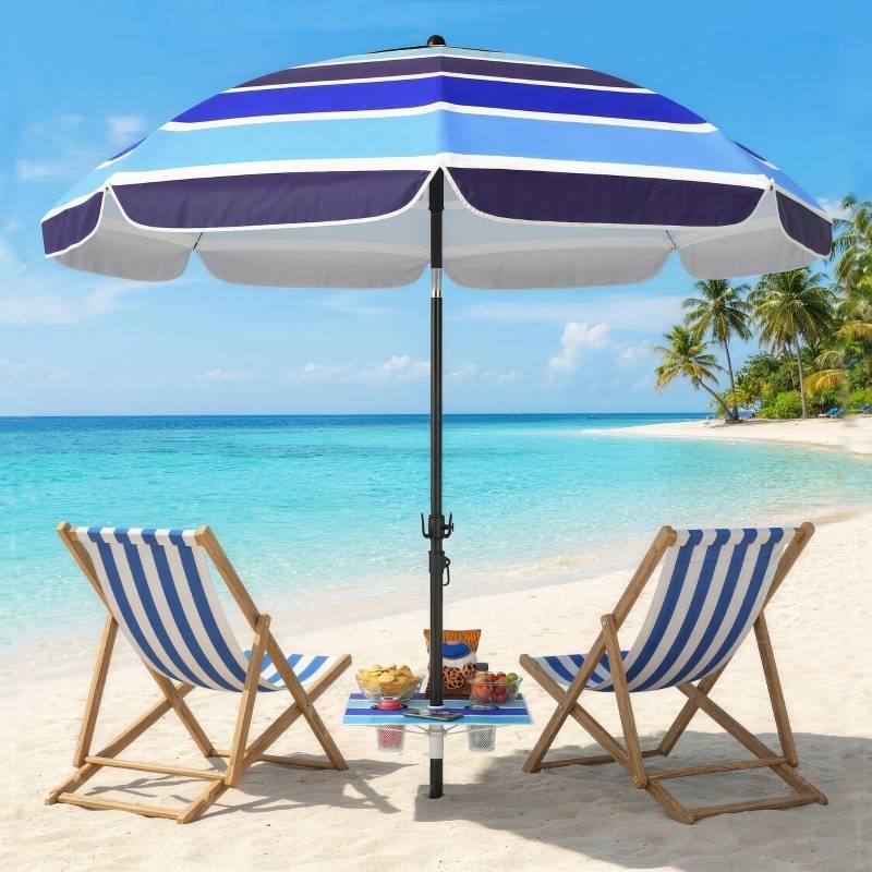 Parasol de plage Polyester Inclinable avec table pliante et porte-gobelets Ø198cm Multicolore - ComfortXL Outdoor Living - Image 1
