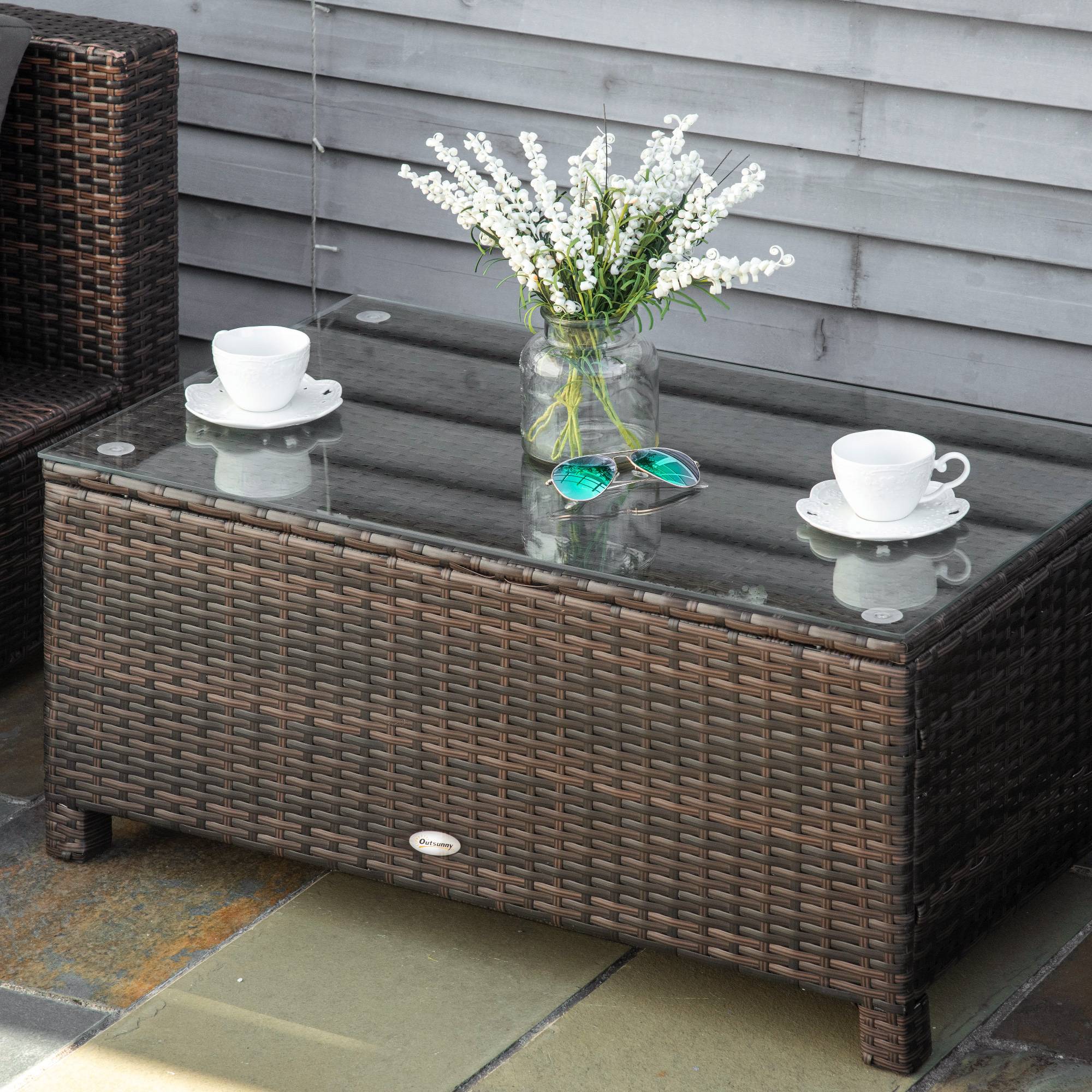 Table Basse de Jardin Résine Tressée Métal Balcon Terrasse Support Verre 85x50x39cm Brun - ComfortXL Outdoor Living - Image 9